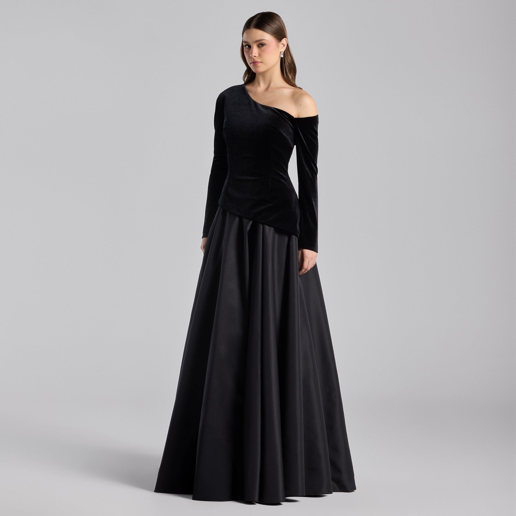 Black One - Shoulder Velvet - Chiffon Maxi Dress - shopaleena