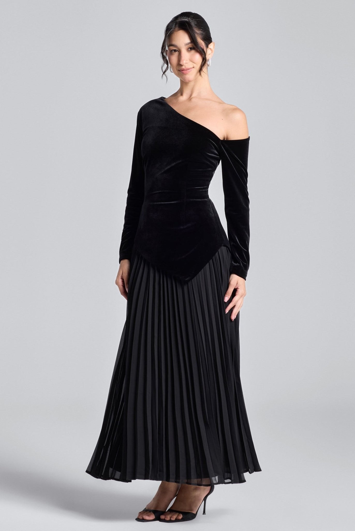 Black One - Shoulder Velvet - Chiffon Maxi Dress - shopaleena