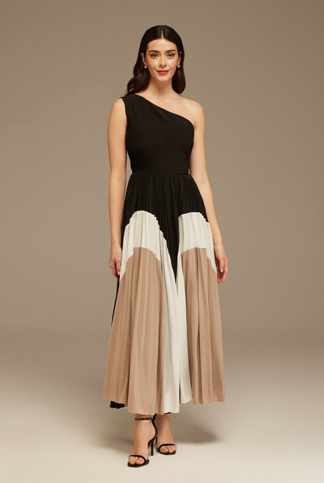 Black Satin Gathered shoulder Pleated Skirt Dress - shopaleena