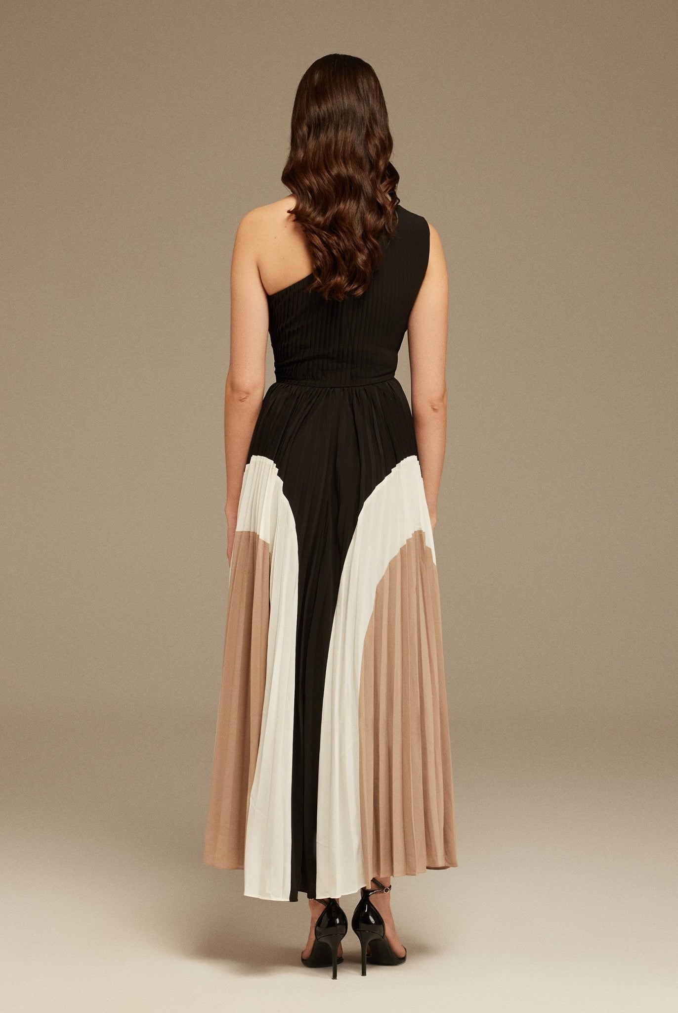 Black Satin Gathered shoulder Pleated Skirt Dress - shopaleena