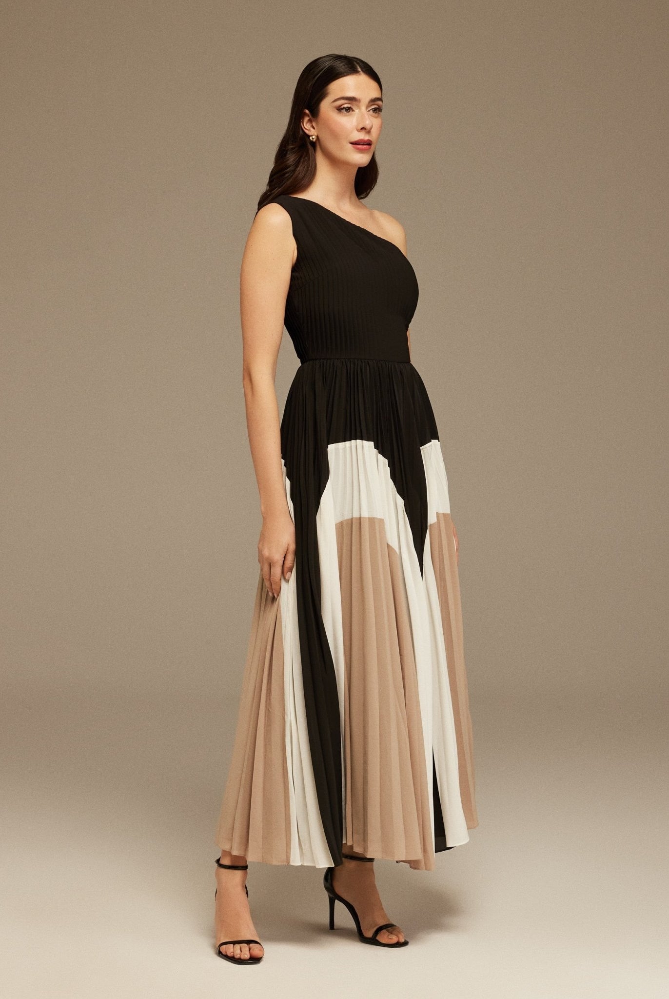 Black Satin Gathered shoulder Pleated Skirt Dress - shopaleena