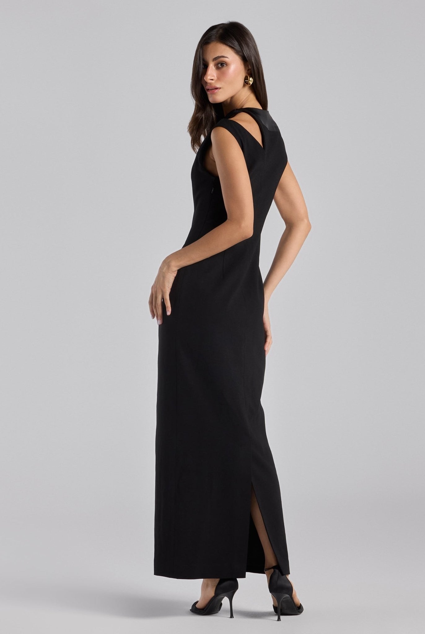 Black Satin - Trimmed Crepe Maxi Dress - shopaleena