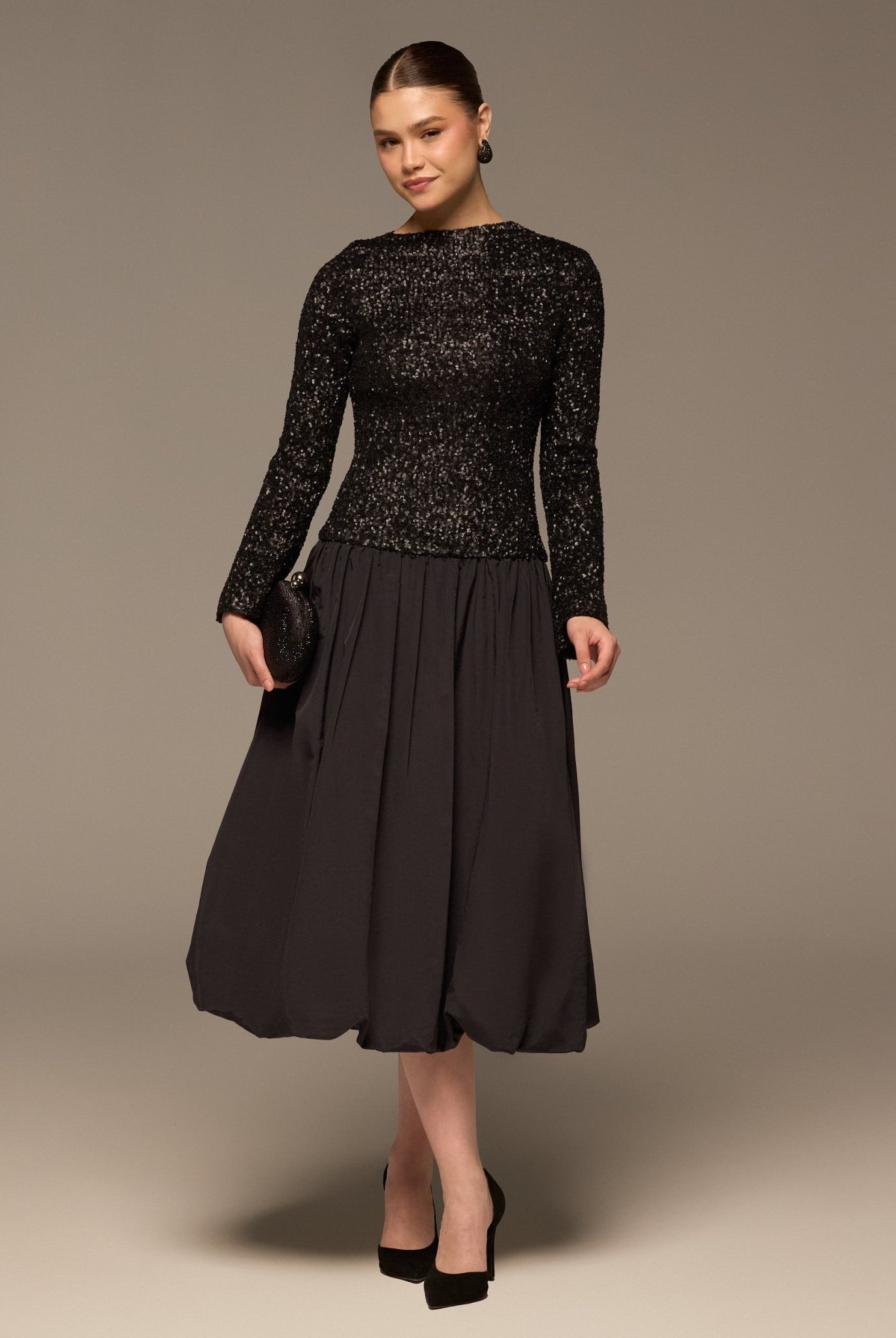 Black Sequin & Cotton Poplin Midi Dress - shopaleena