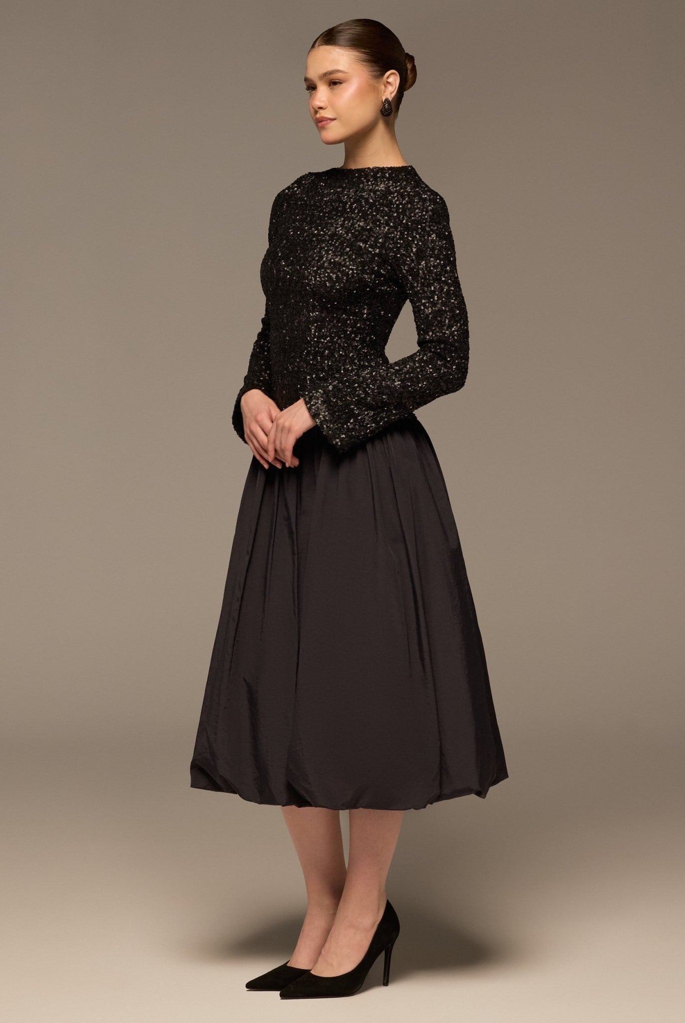 Black Sequin & Cotton Poplin Midi Dress - shopaleena