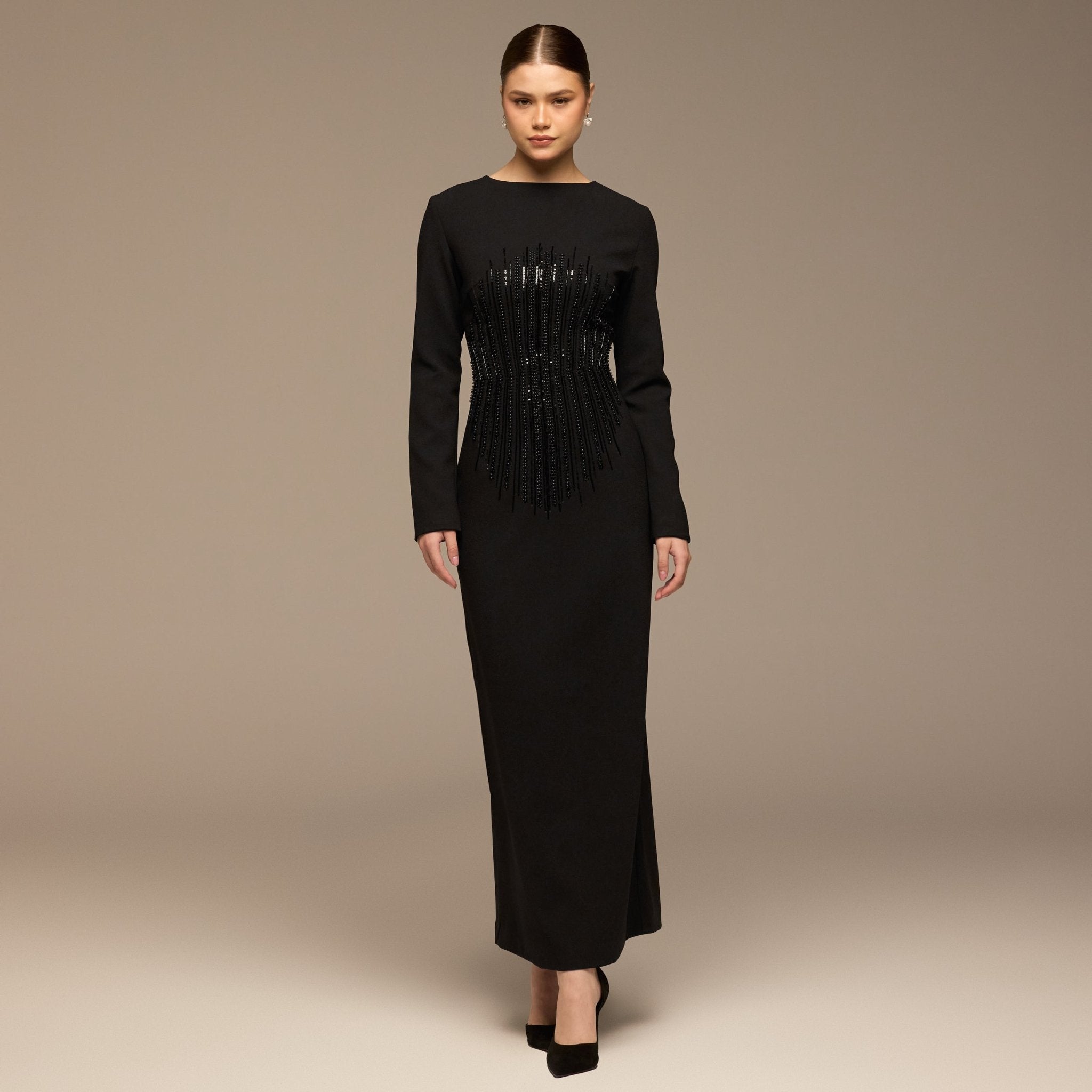 Black Sequined Crepe Maxi Dress - shopaleena