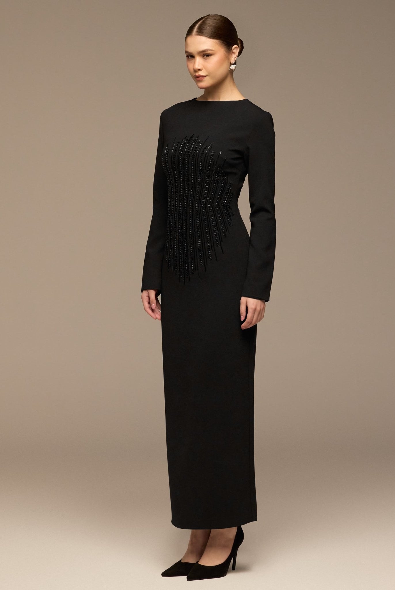 Black Sequined Crepe Maxi Dress - shopaleena