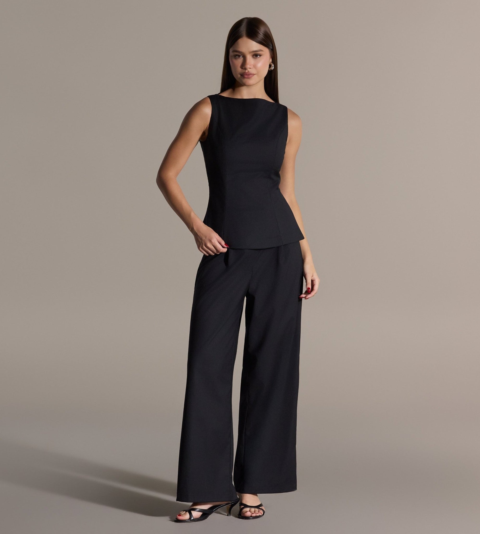 Black Sleeveless Boat Neck Peplum Top - shopaleena