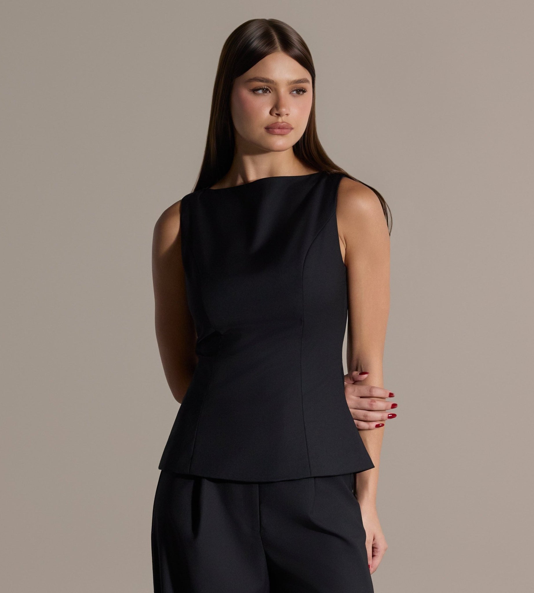 Black Sleeveless Boat Neck Peplum Top - shopaleena