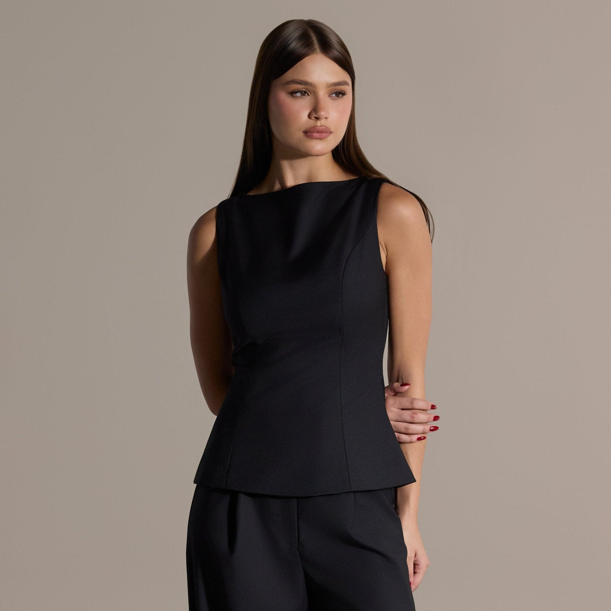 Black Sleeveless Boat Neck Peplum Top - shopaleena