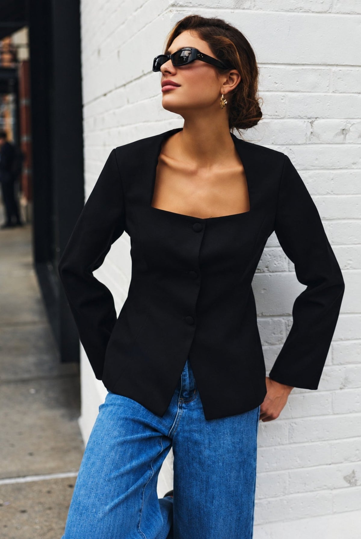 Black Square Neckline Blazer - shopaleena