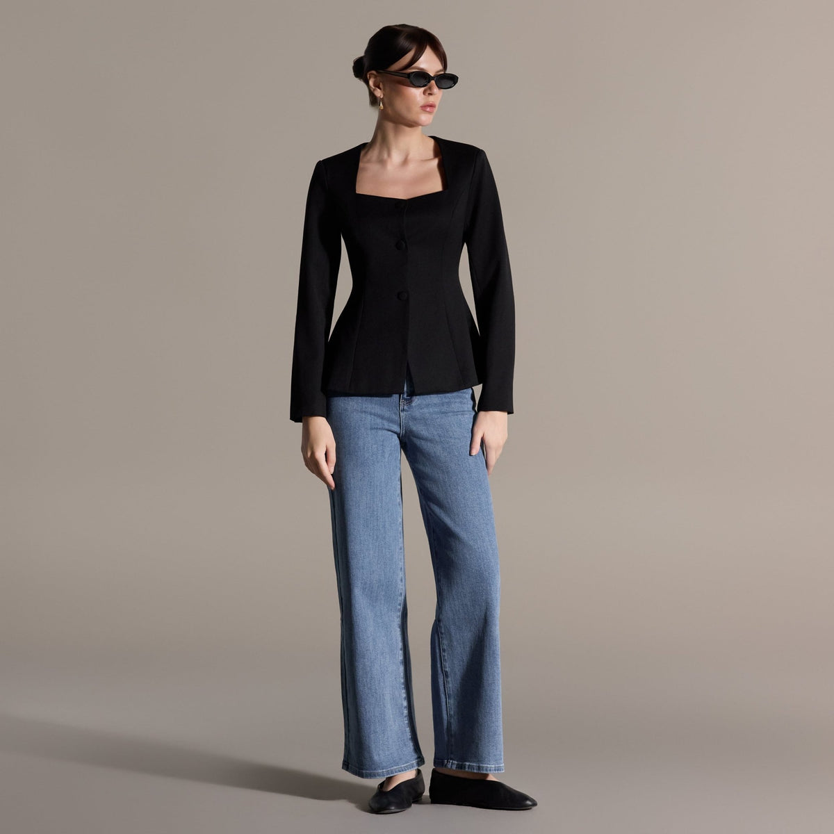 Black Square Neckline Blazer - shopaleena