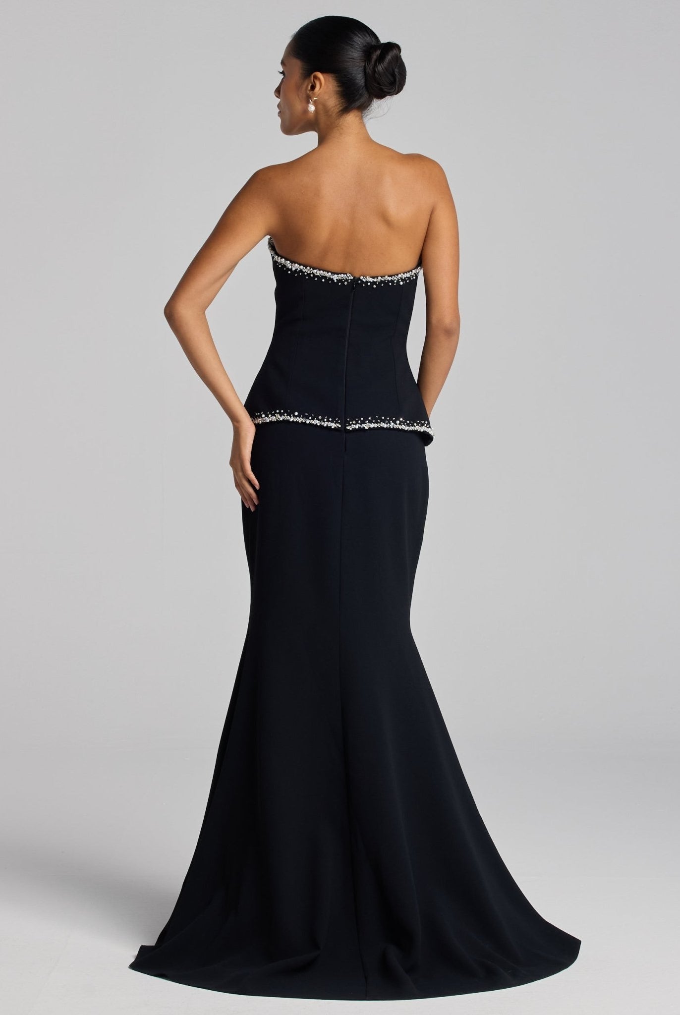 Black Strapless Crepe Gown with Pearl Trim - shopaleena