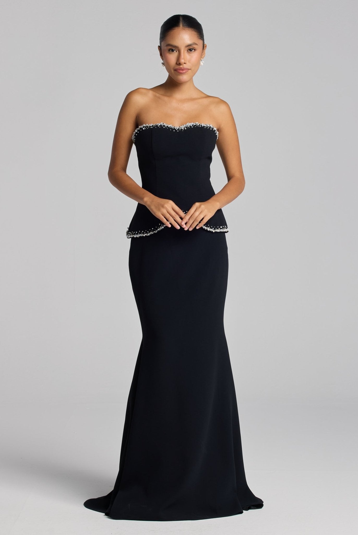 Black Strapless Crepe Gown with Pearl Trim - shopaleena