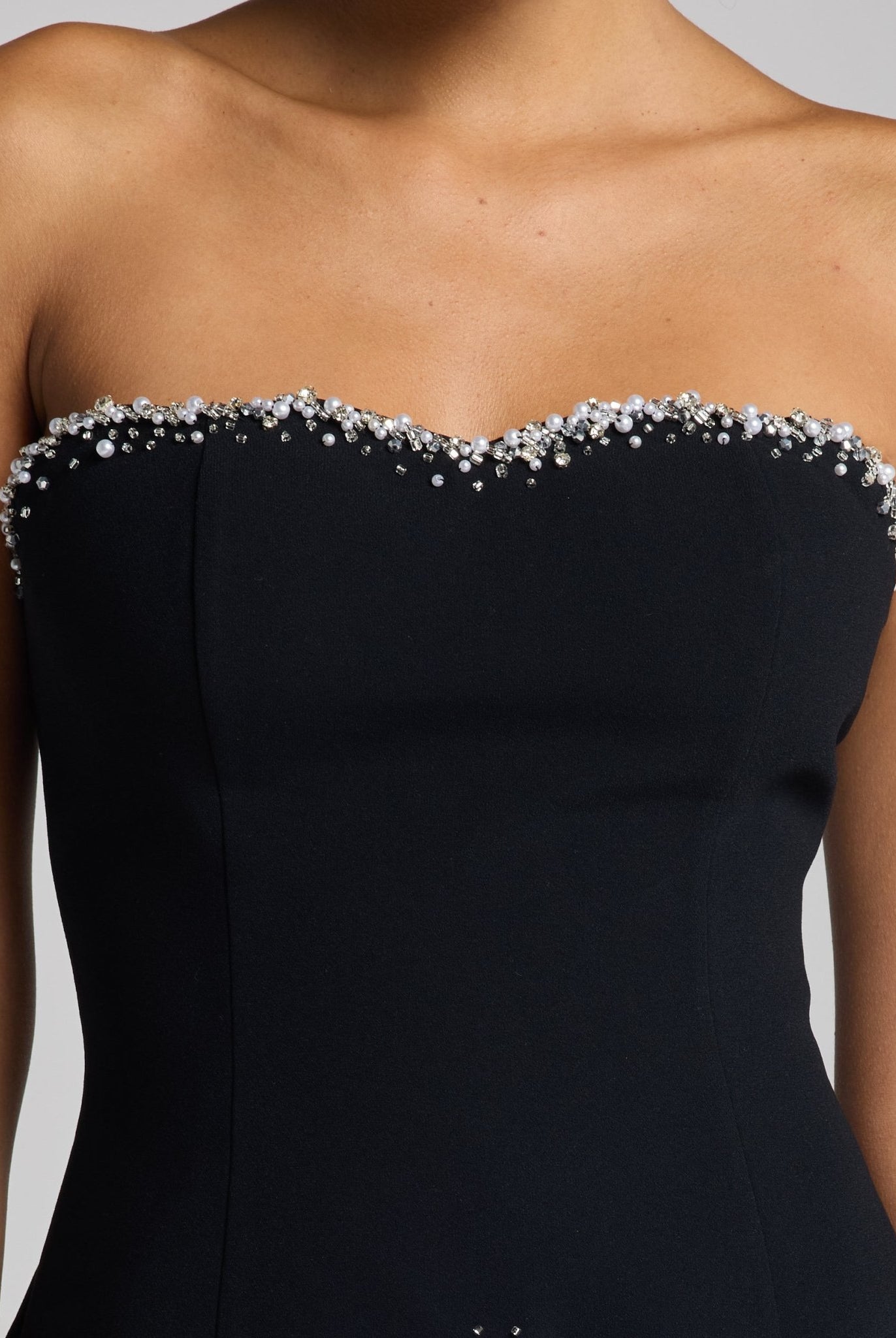 Black Strapless Crepe Gown with Pearl Trim - shopaleena