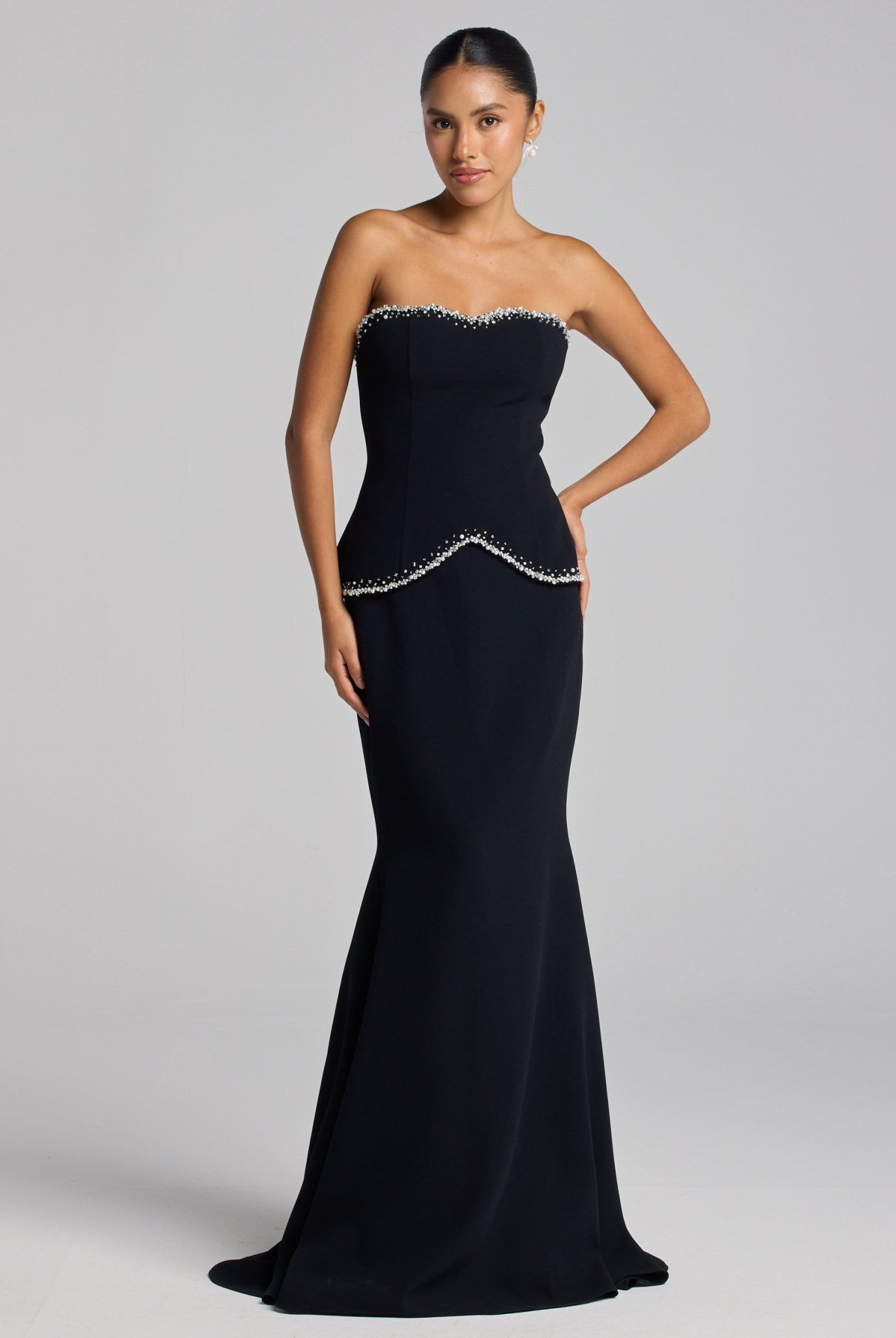 Black Strapless Crepe Gown with Pearl Trim - shopaleena