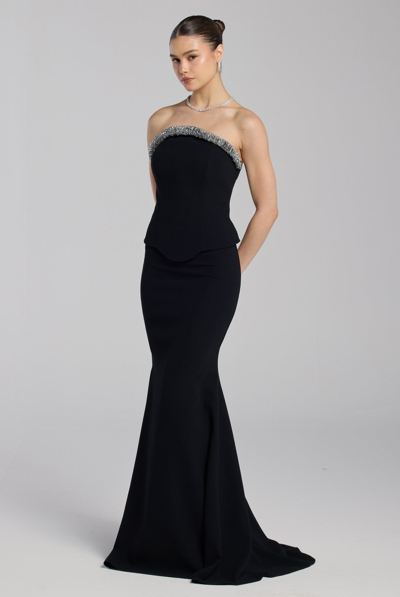 Black Strapless Crepe Gown - shopaleena