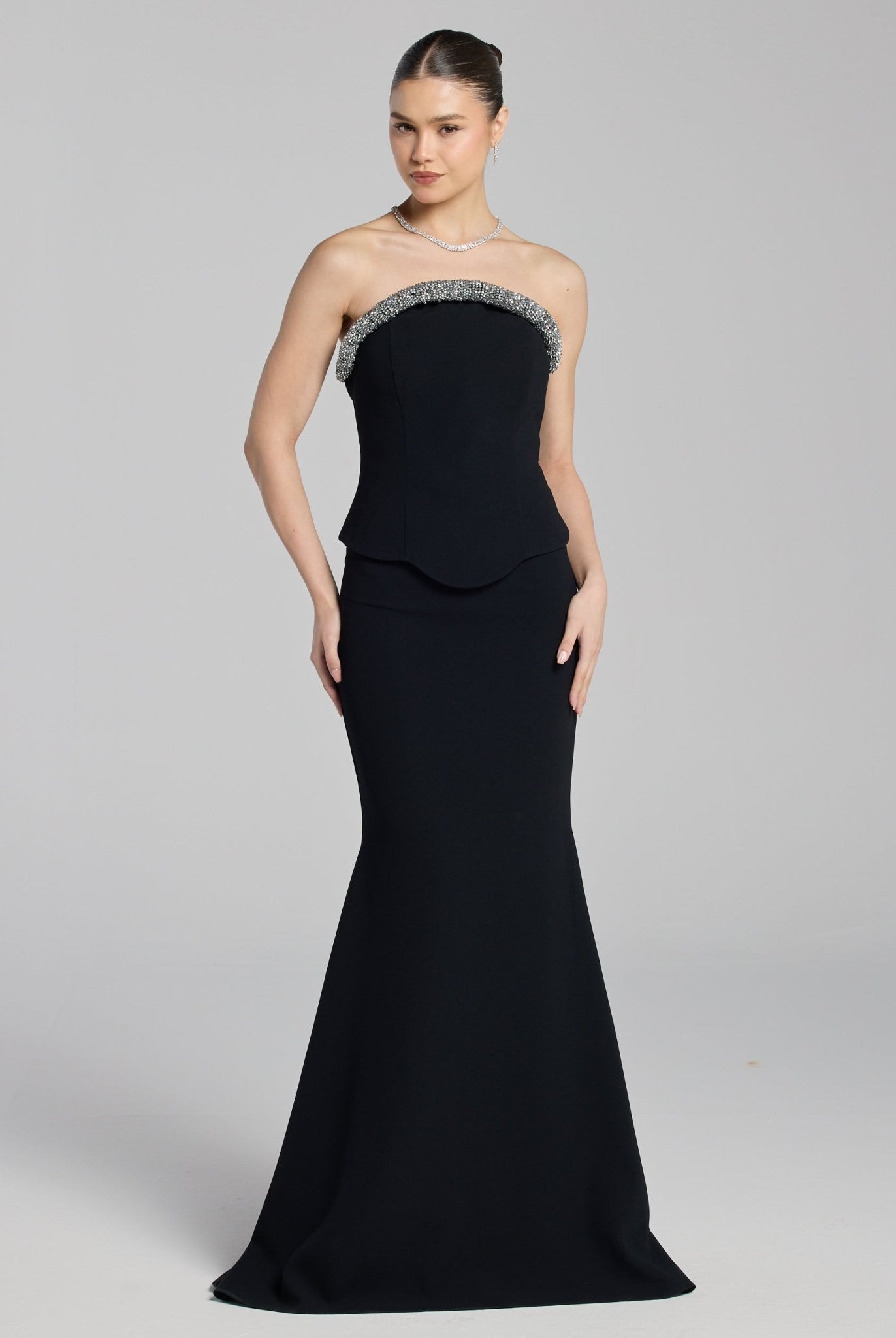 Black Strapless Crepe Gown - shopaleena