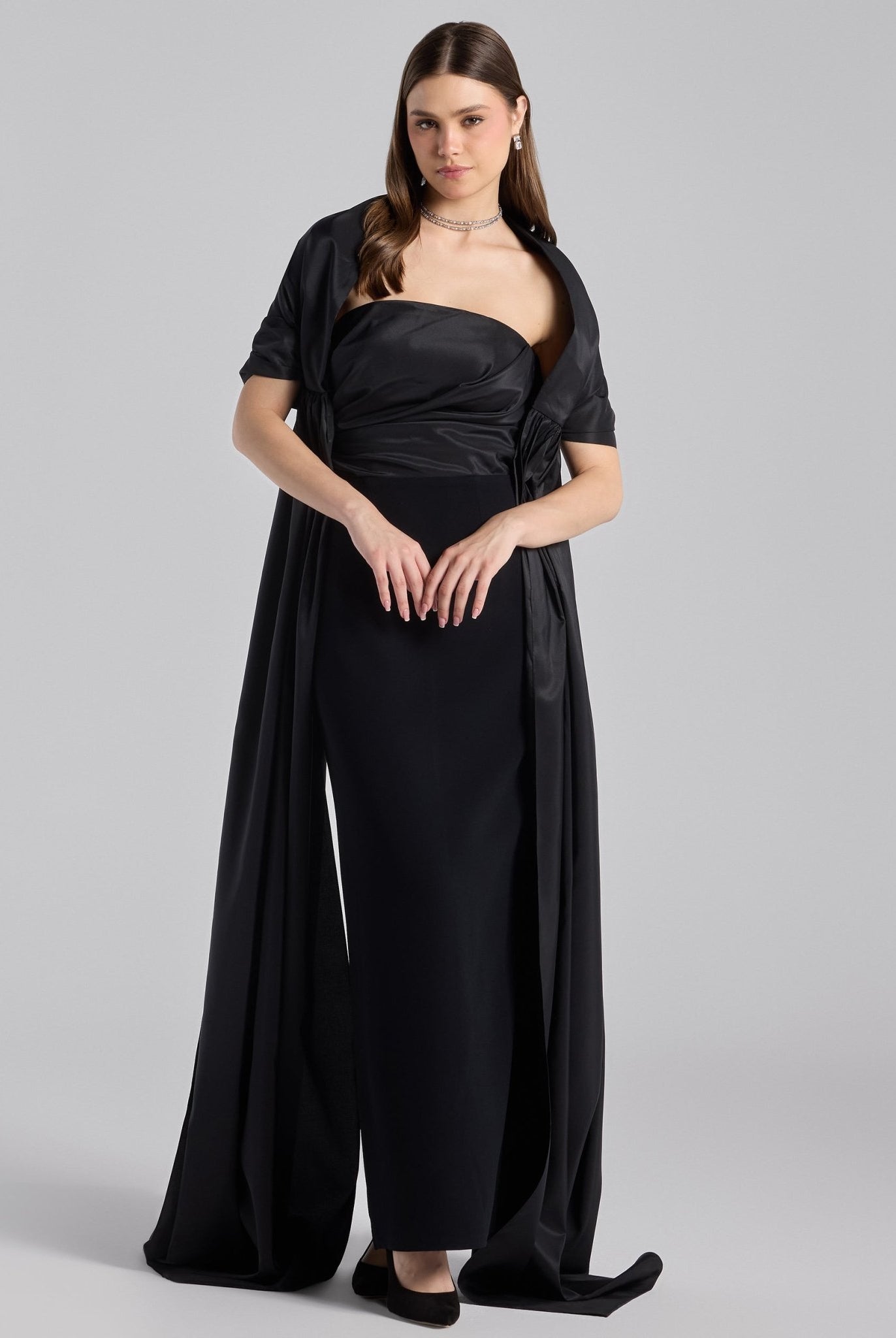 Black Strapless Maxi Dress with Puff Cape Sleeves - shopaleena