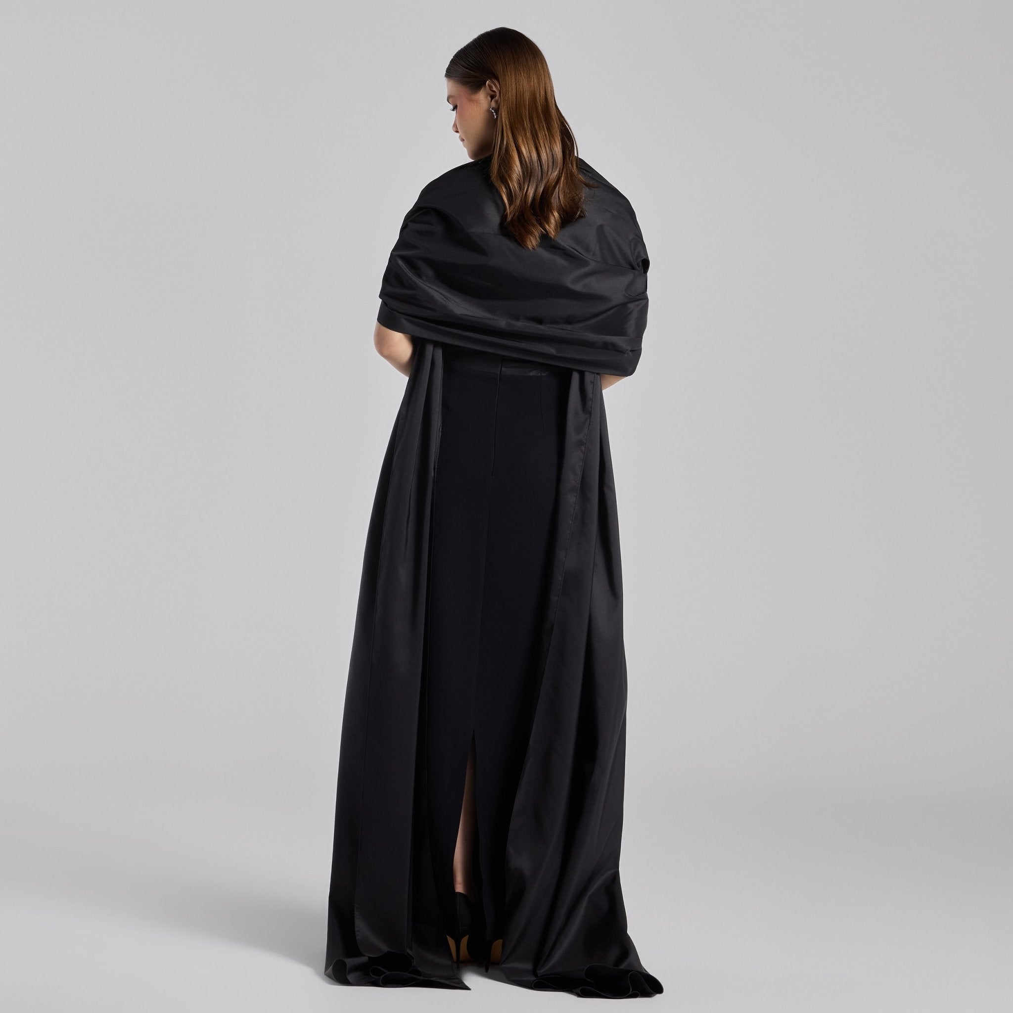 Black Strapless Maxi Dress with Puff Cape Sleeves - shopaleena