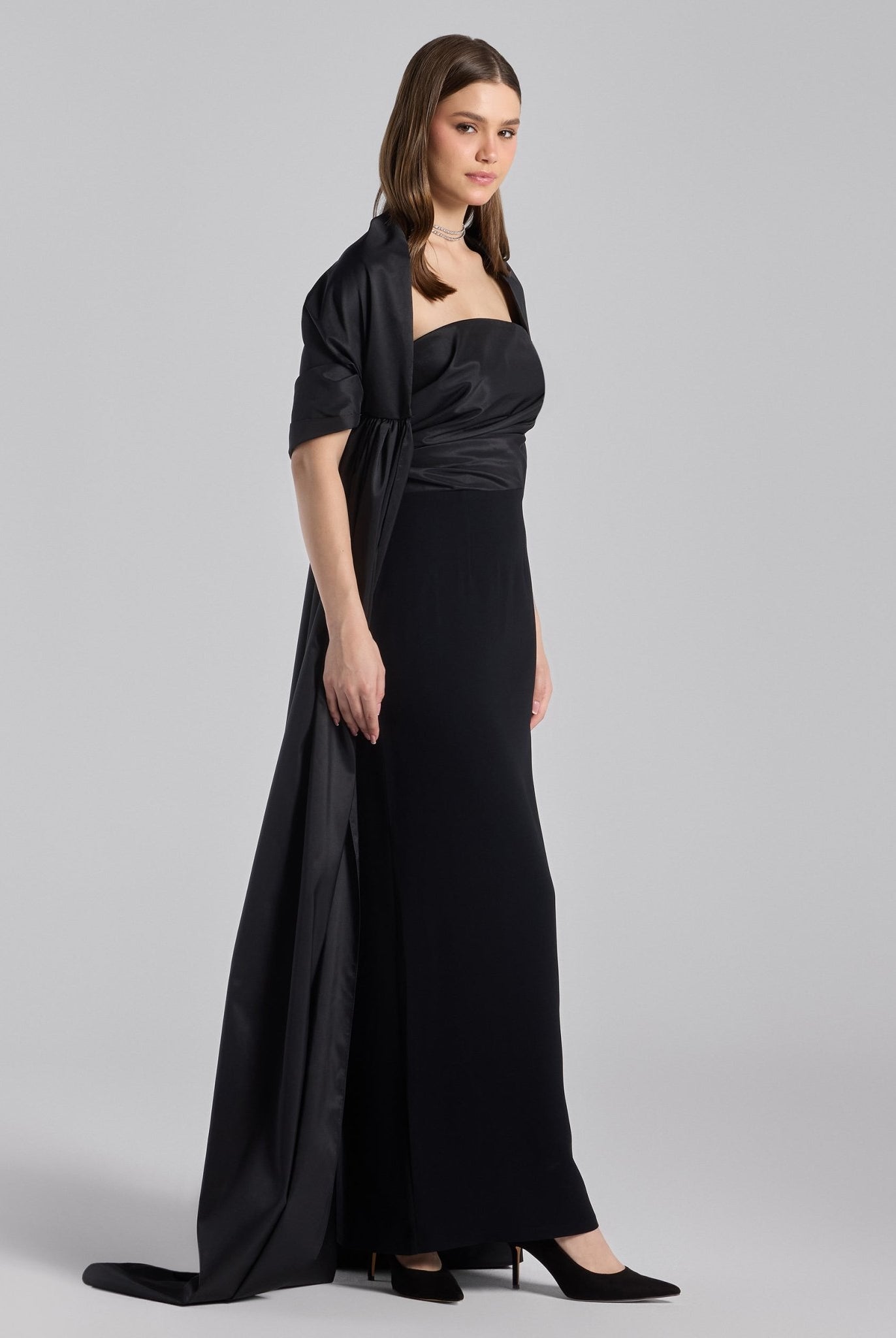 Black Strapless Maxi Dress with Puff Cape Sleeves - shopaleena