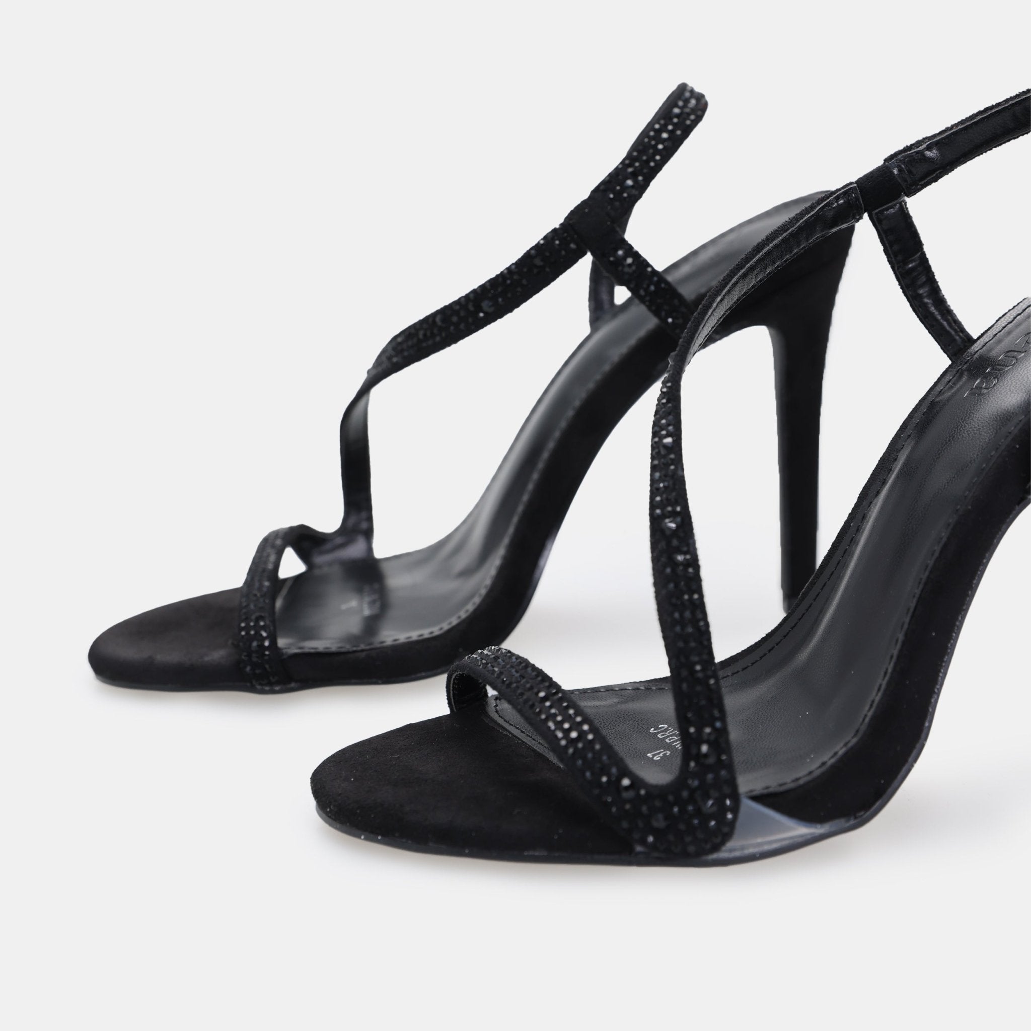 Black Suede Crystal High Heel Sandals - shopaleena