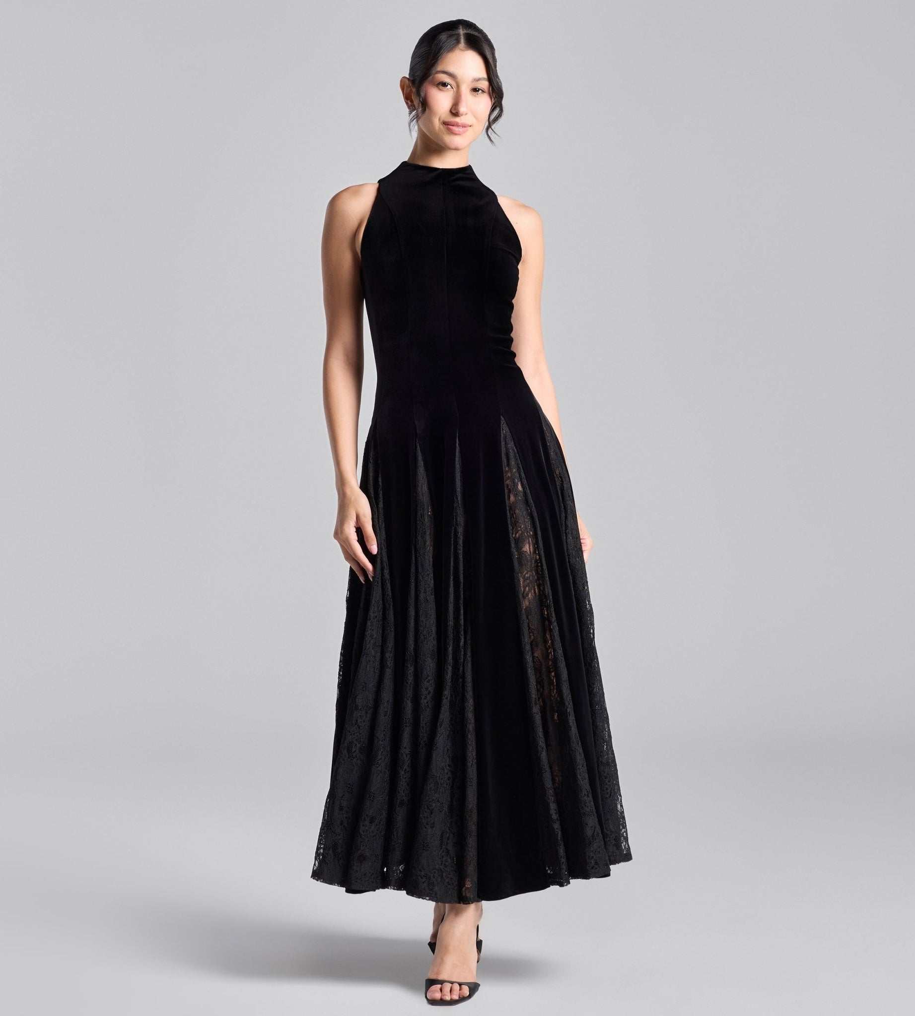 Black Turtleneck Velvet Dress with Lace Godets - shopaleena