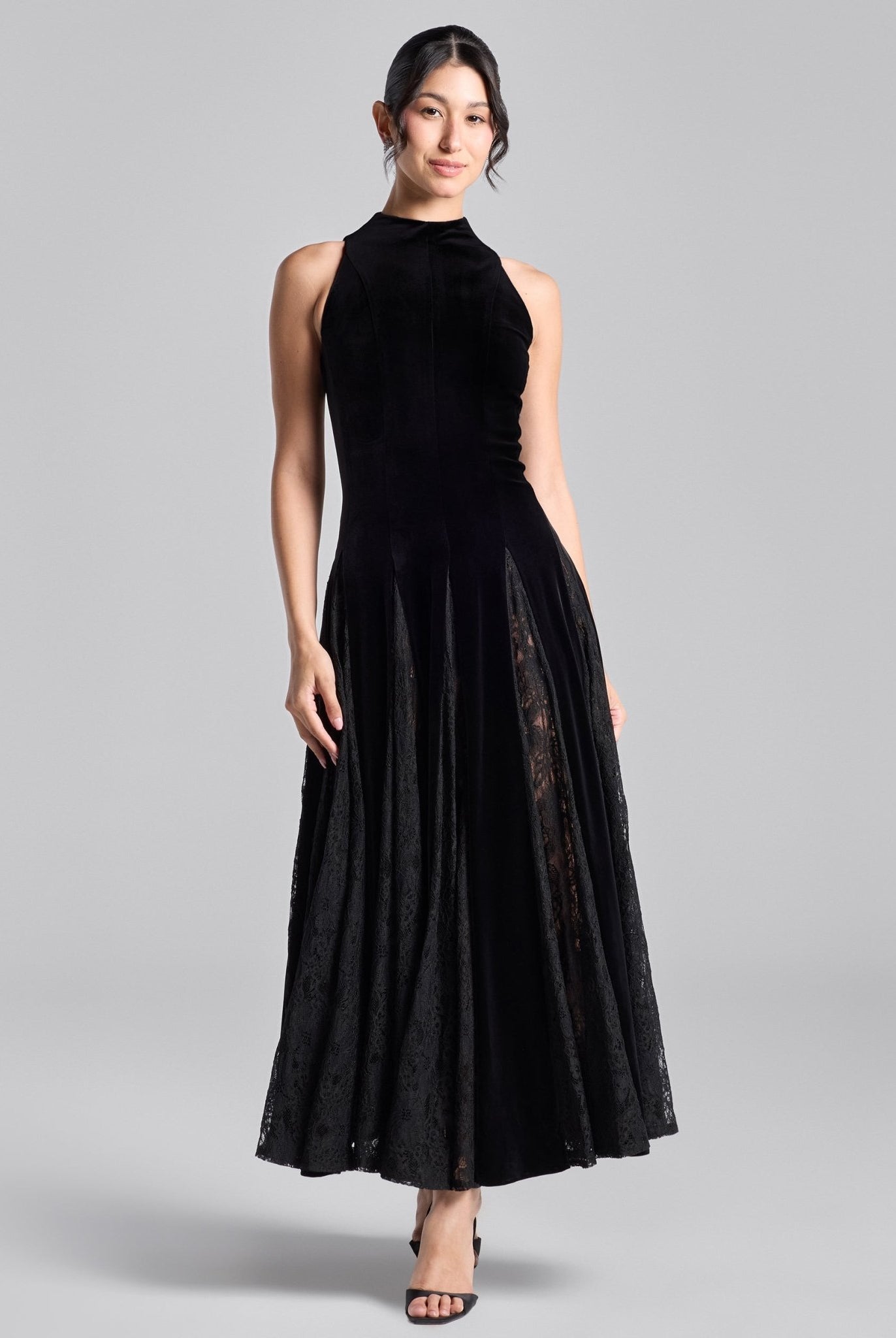 Black Turtleneck Velvet Dress with Lace Godets - shopaleena