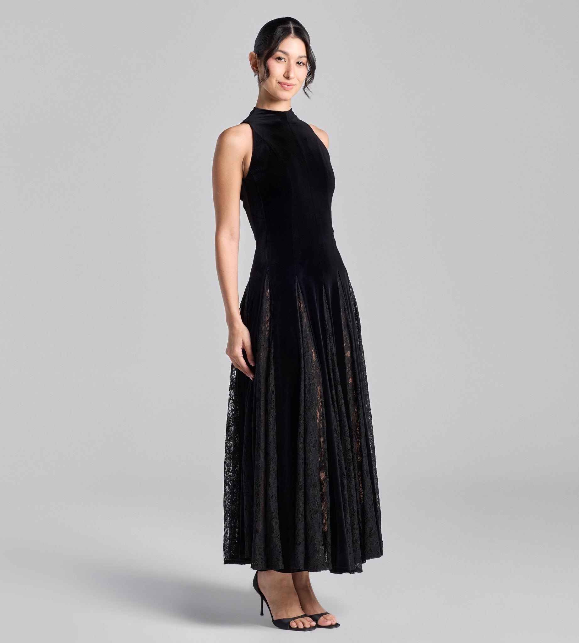 Black Turtleneck Velvet Dress with Lace Godets - shopaleena