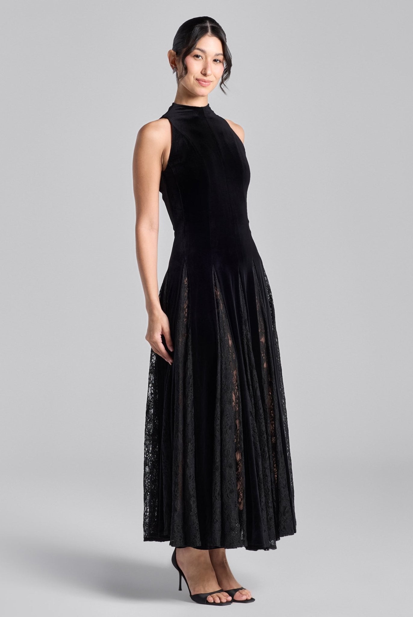 Black Turtleneck Velvet Dress with Lace Godets - shopaleena