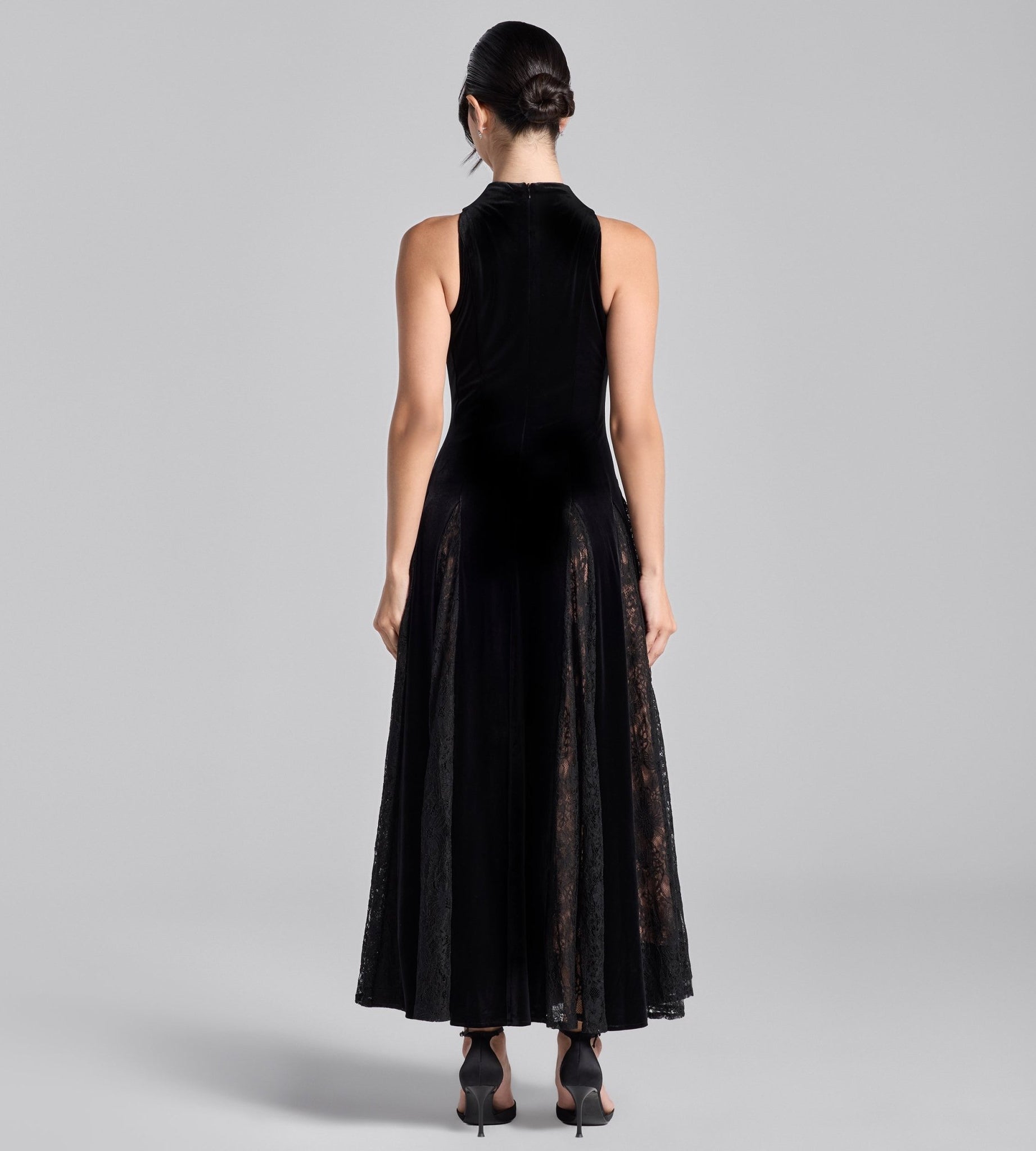 Black Turtleneck Velvet Dress with Lace Godets - shopaleena