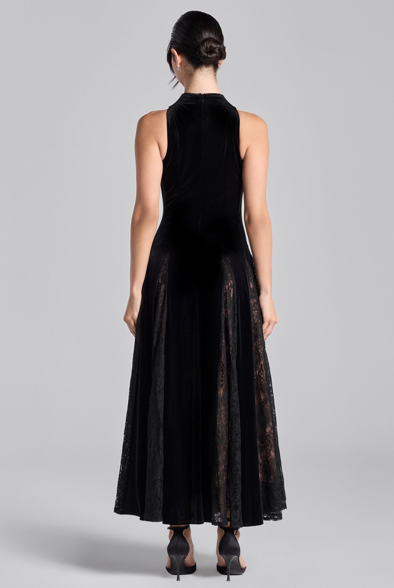 Black Turtleneck Velvet Dress with Lace Godets - shopaleena