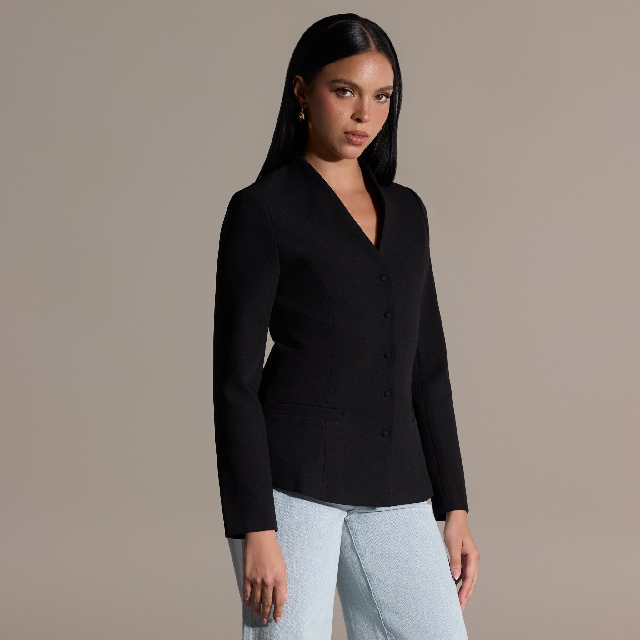 Black V-Neck Peplum Blazer - shopaleena