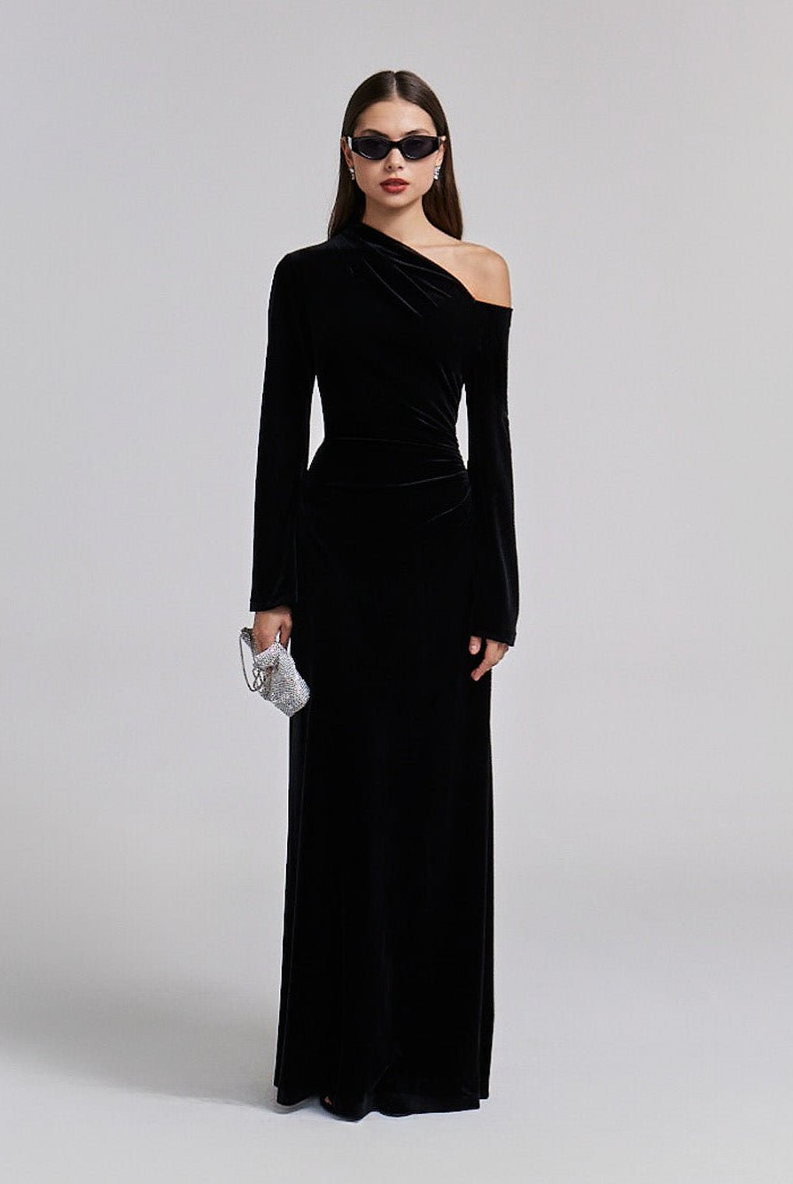 Black Velvet Bare Shoulder Maxi Dress - shopaleena