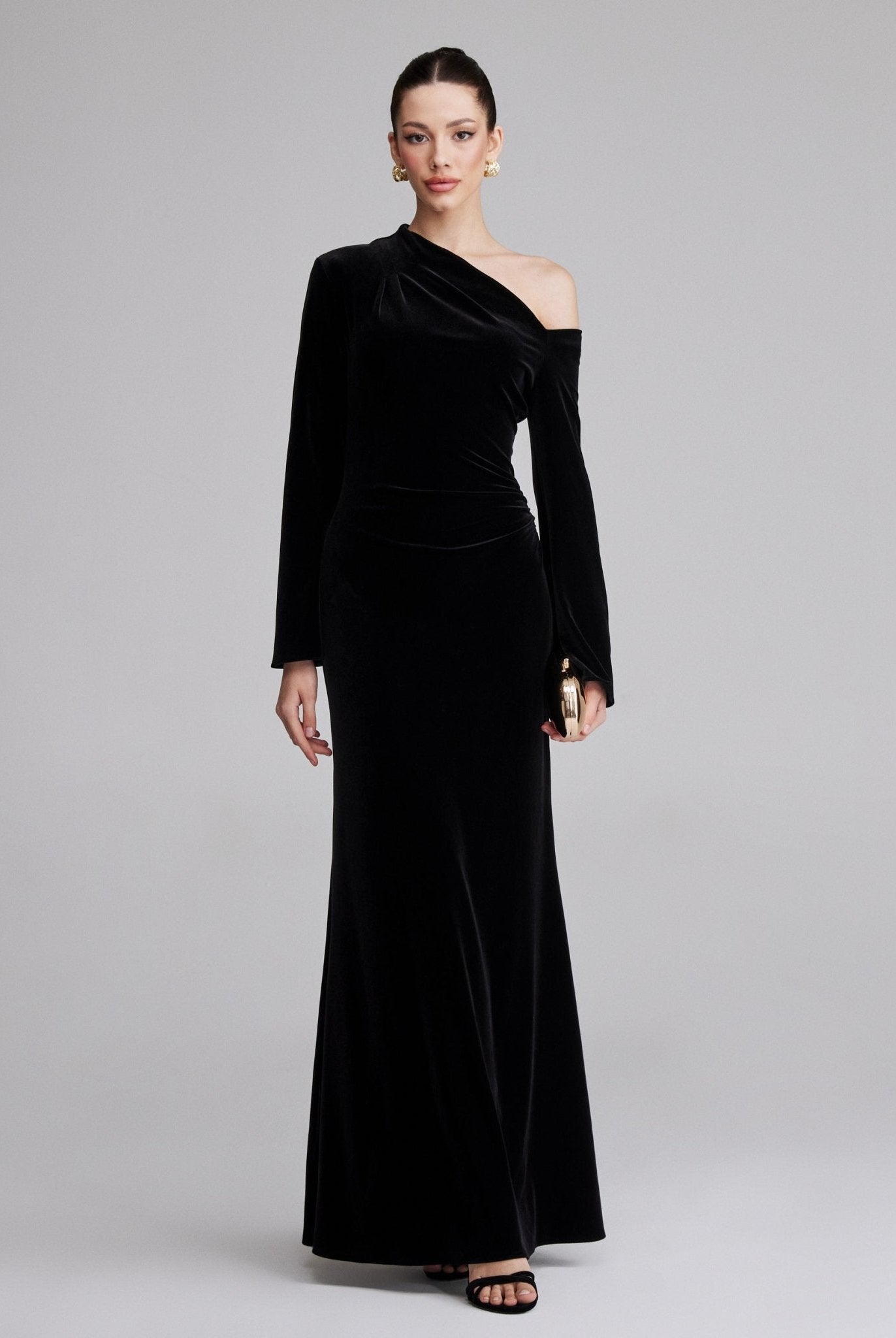 Black Velvet Bare Shoulder Maxi Dress - shopaleena
