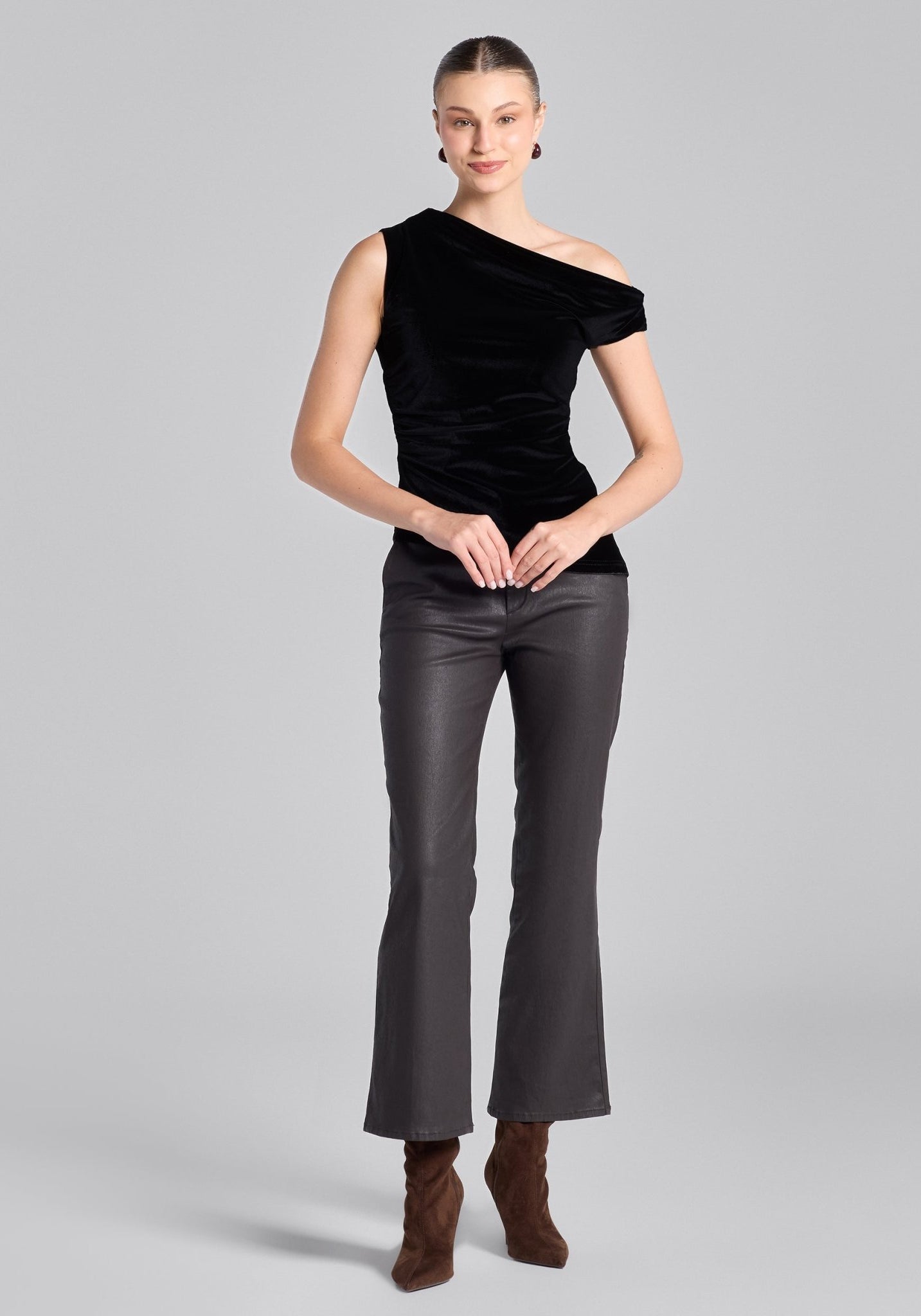 Black Velvet Drape Off - Shoulder Top - shopaleena