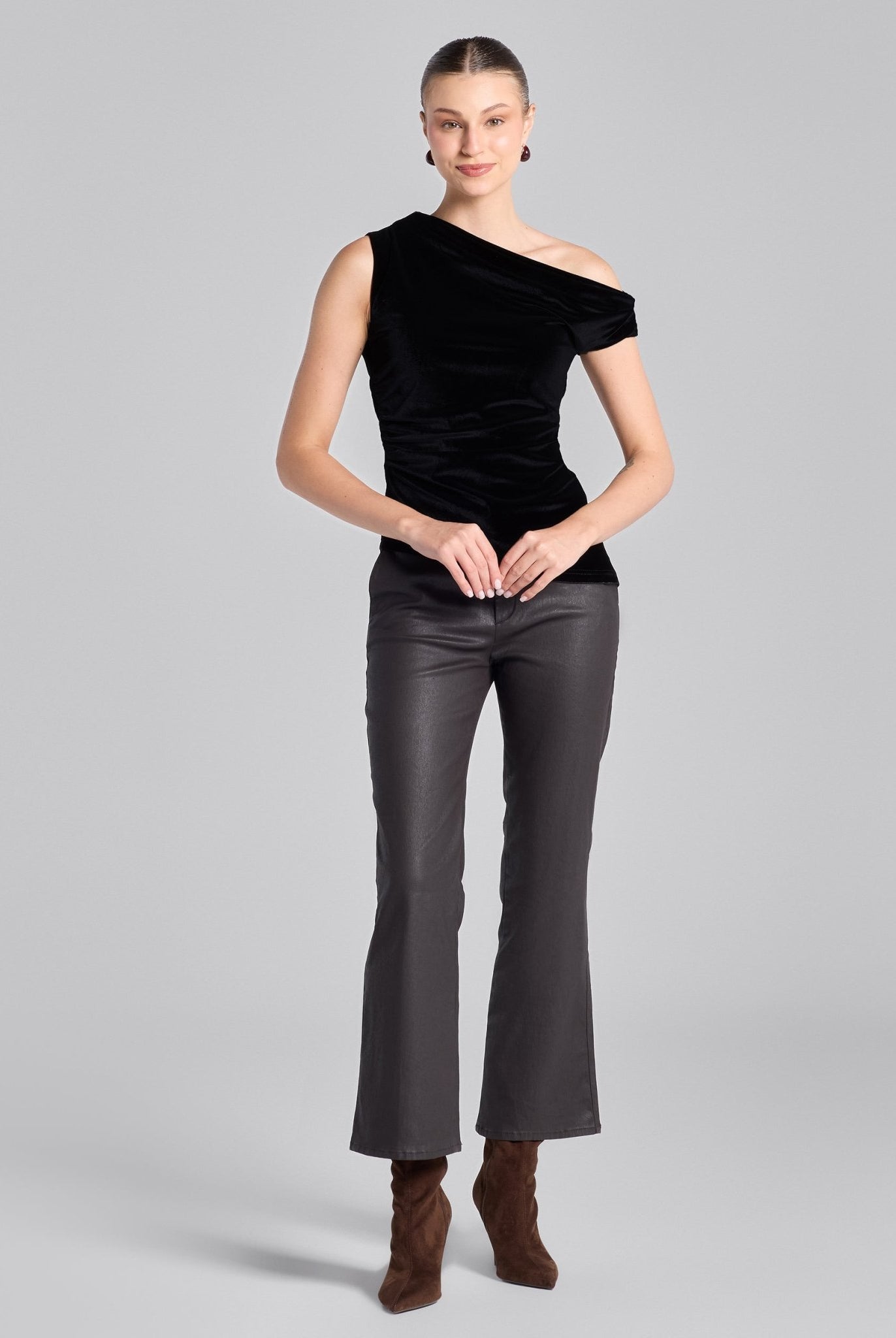 Black Velvet Drape Off - Shoulder Top - shopaleena