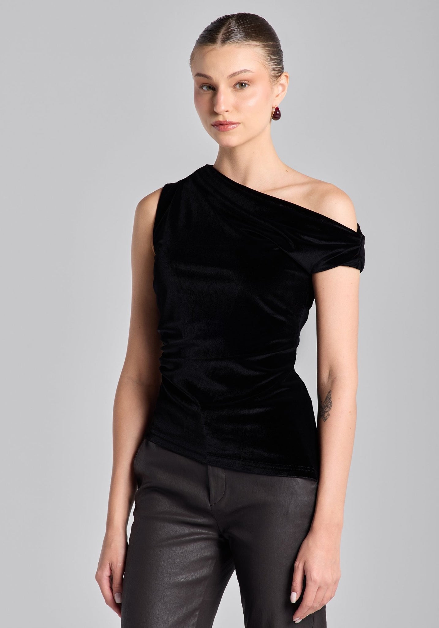 Black Velvet Drape Off - Shoulder Top - shopaleena