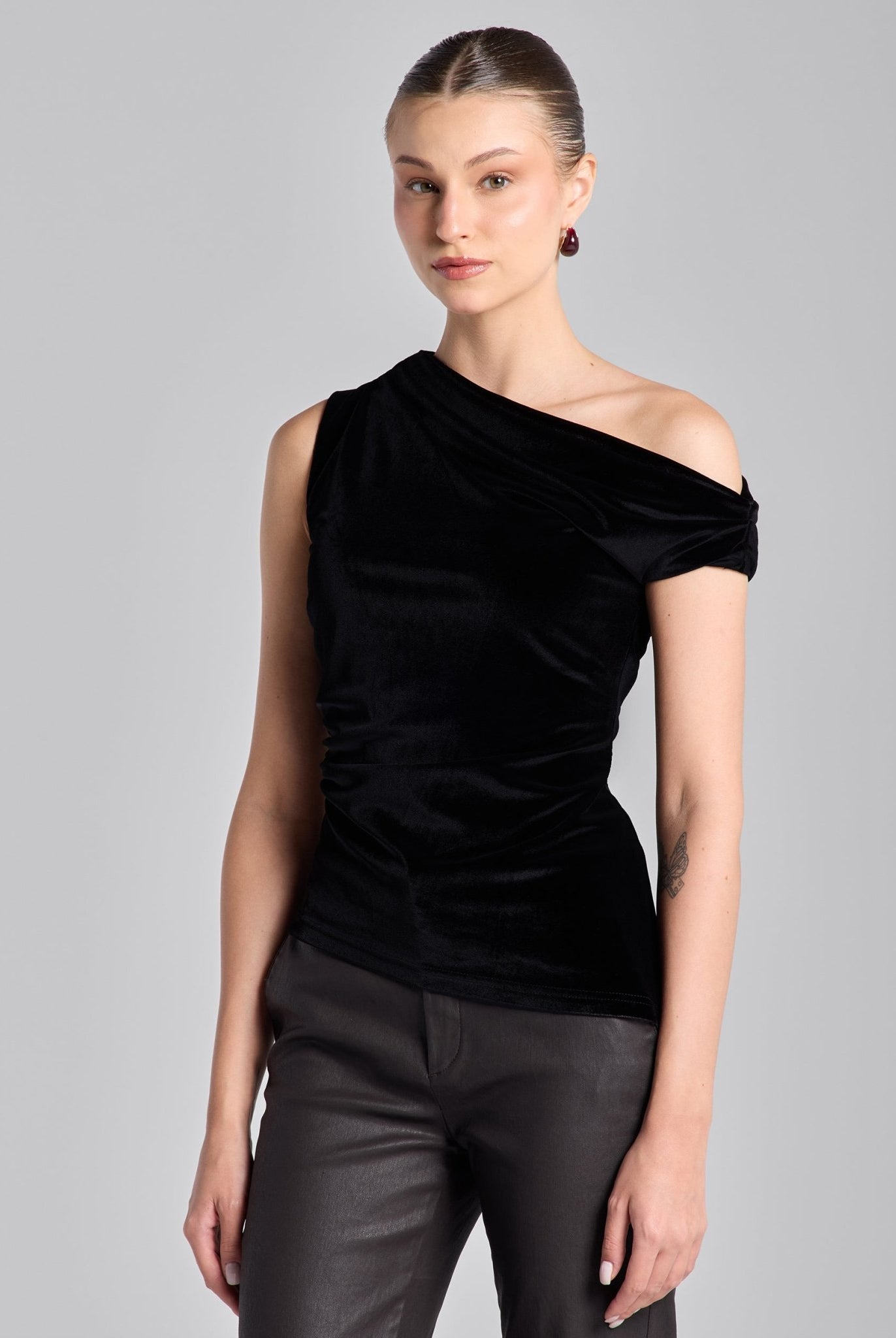 Black Velvet Drape Off - Shoulder Top - shopaleena