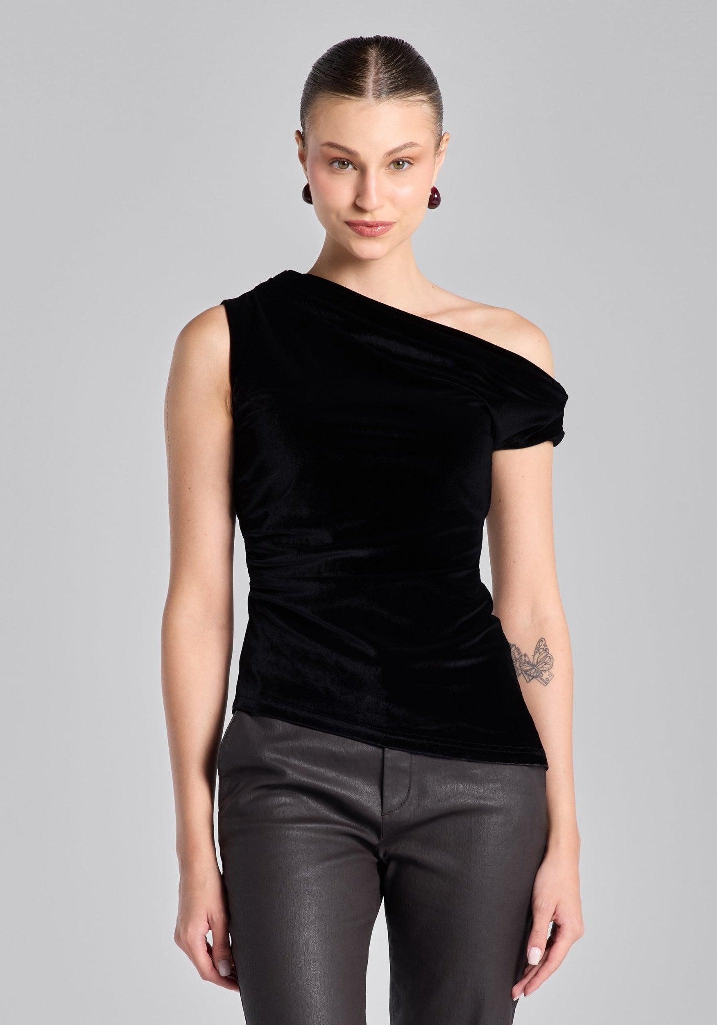 Black Velvet Drape Off - Shoulder Top - shopaleena