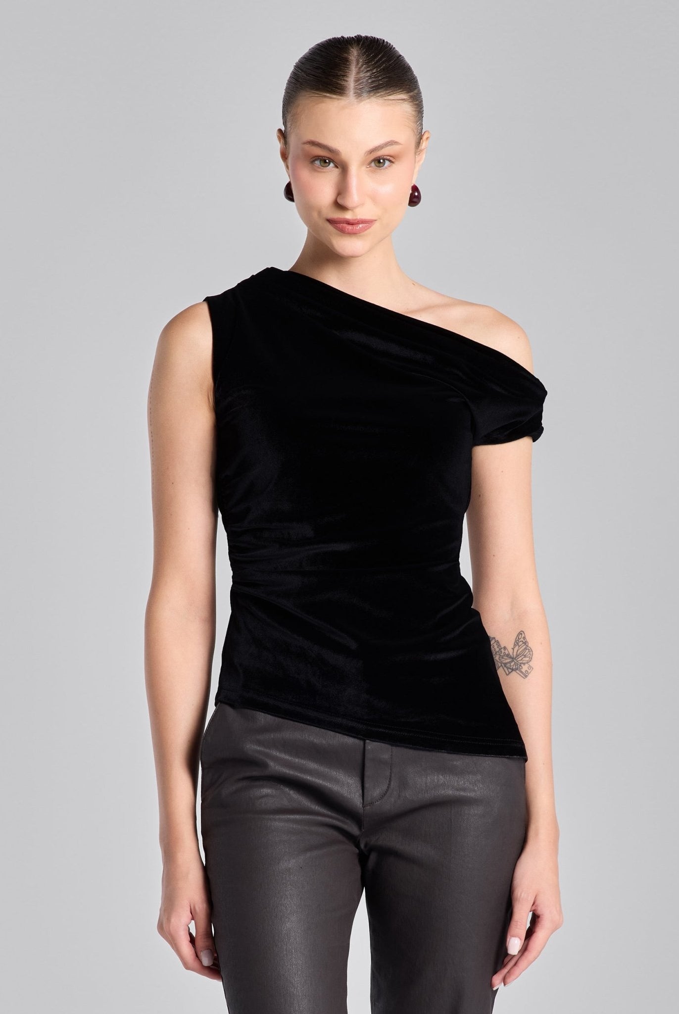 Black Velvet Drape Off - Shoulder Top - shopaleena