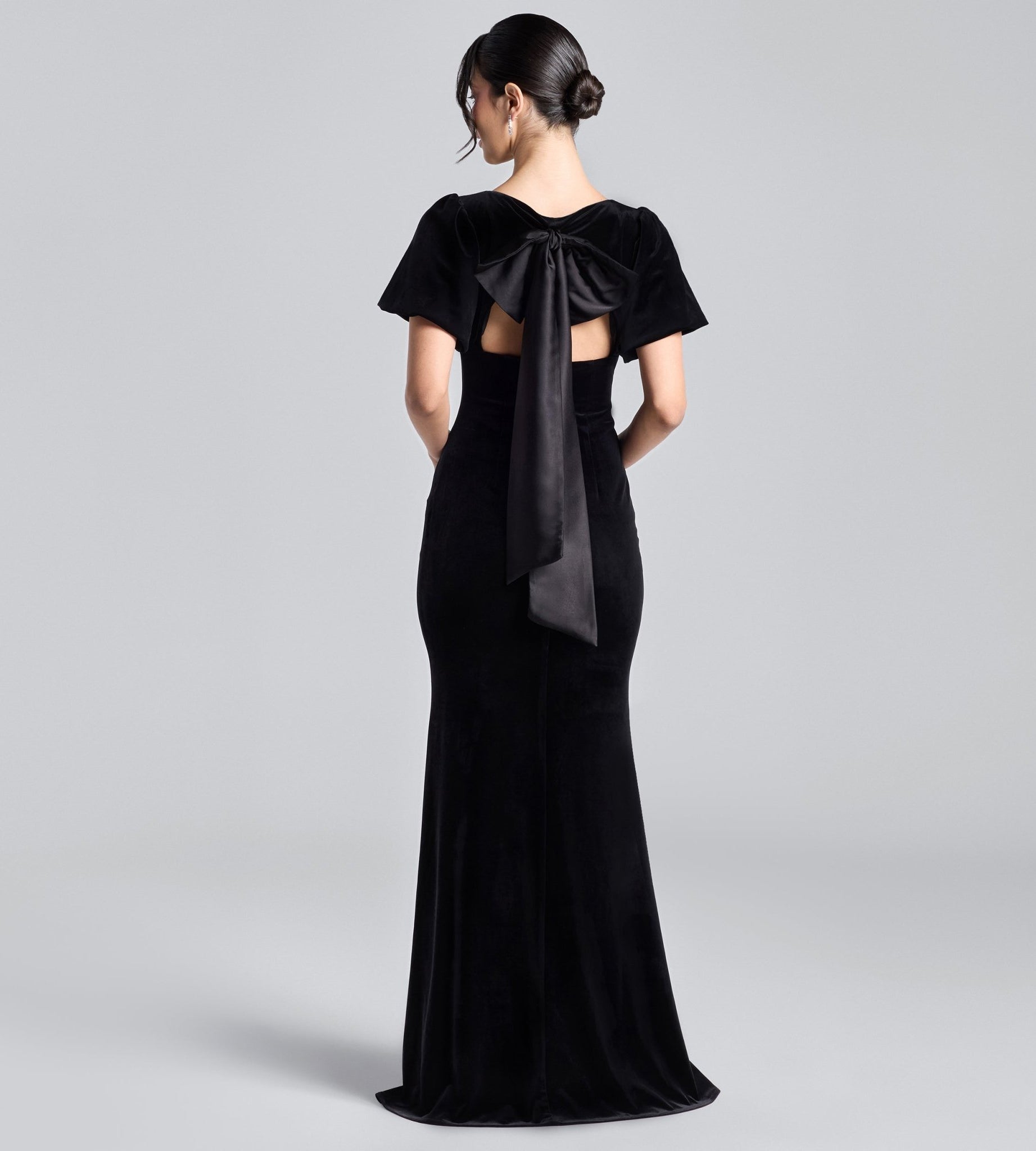 Black Velvet Dress with Back Satin Bow - shopaleena