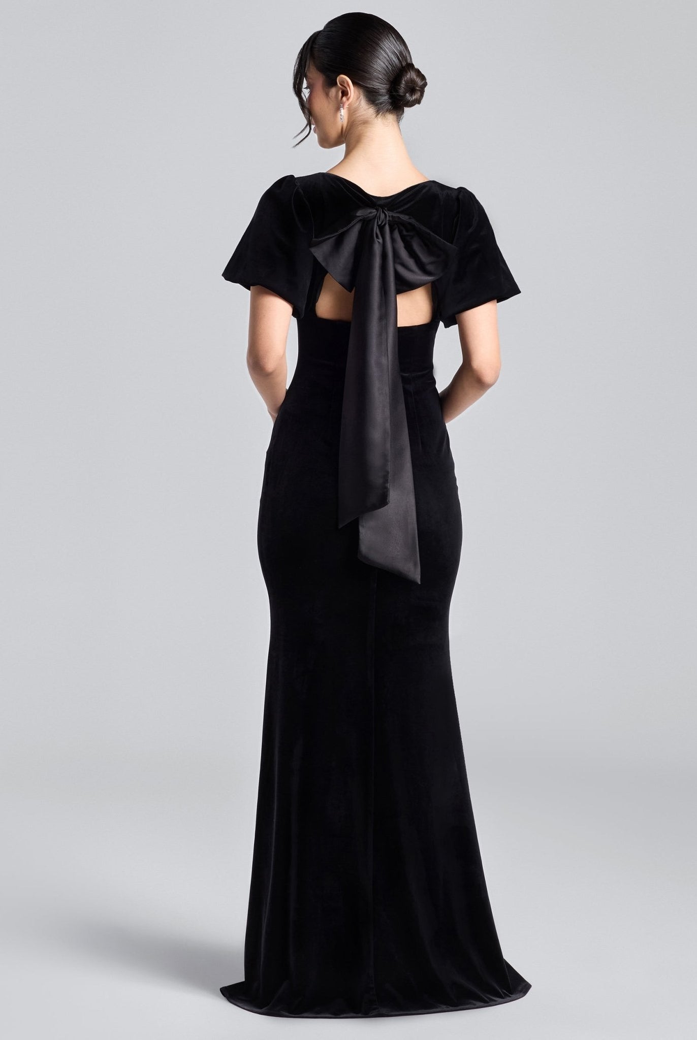 Black Velvet Dress with Back Satin Bow - shopaleena