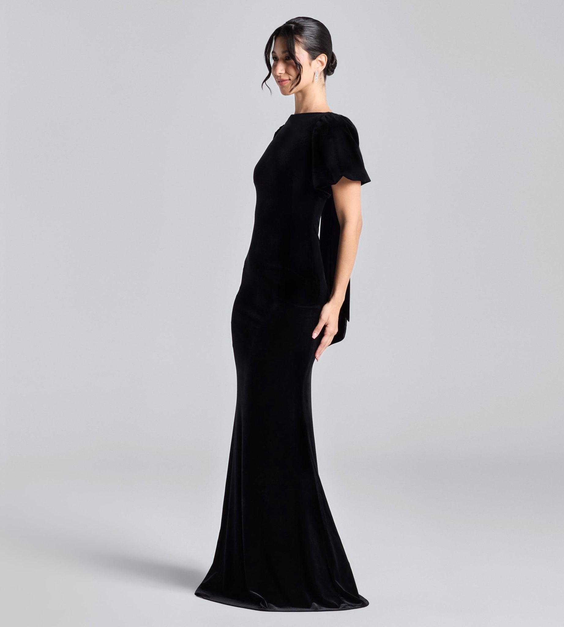 Black Velvet Dress with Back Satin Bow - shopaleena