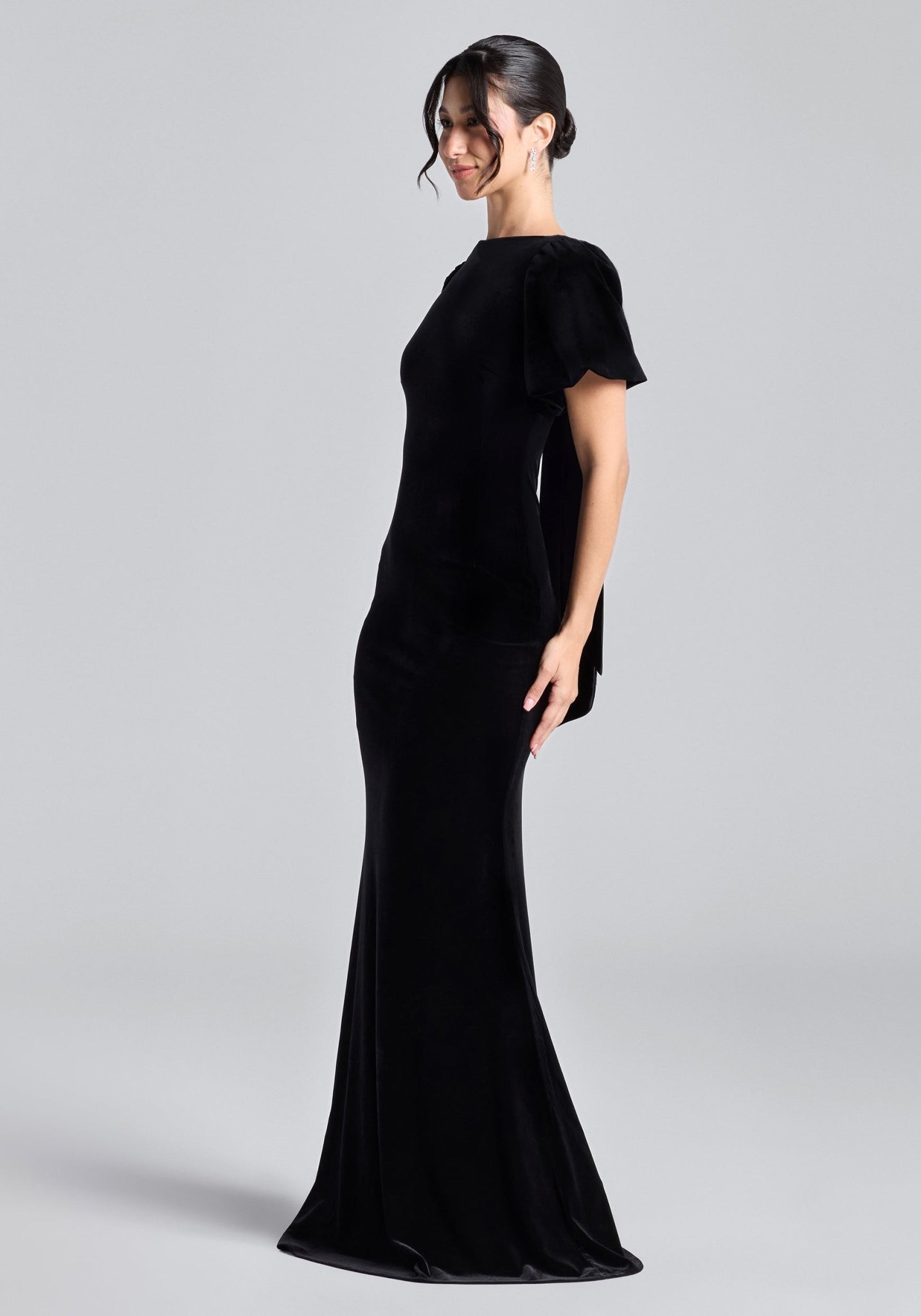 Black Velvet Dress with Back Satin Bow - shopaleena