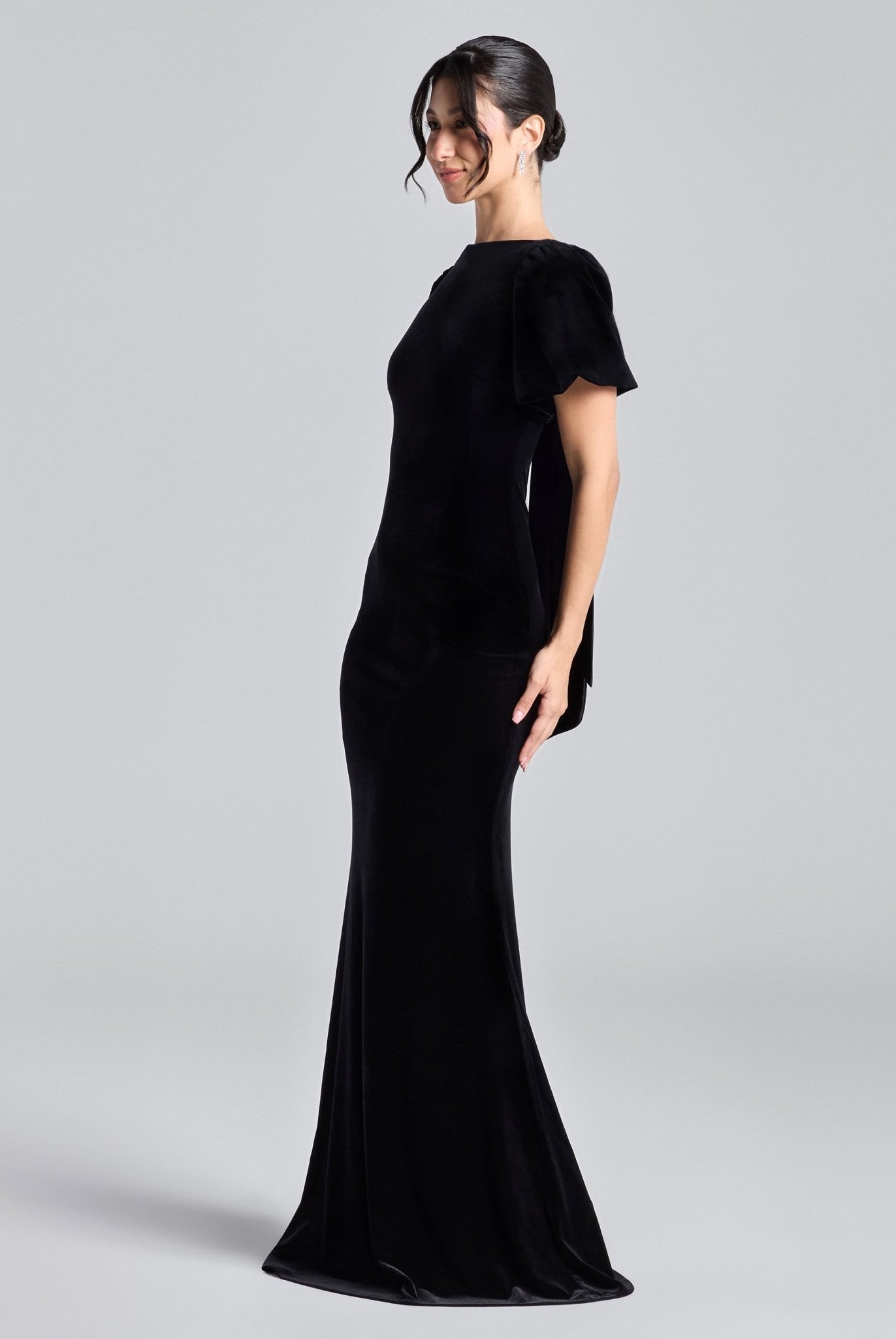 Black Velvet Dress with Back Satin Bow - shopaleena