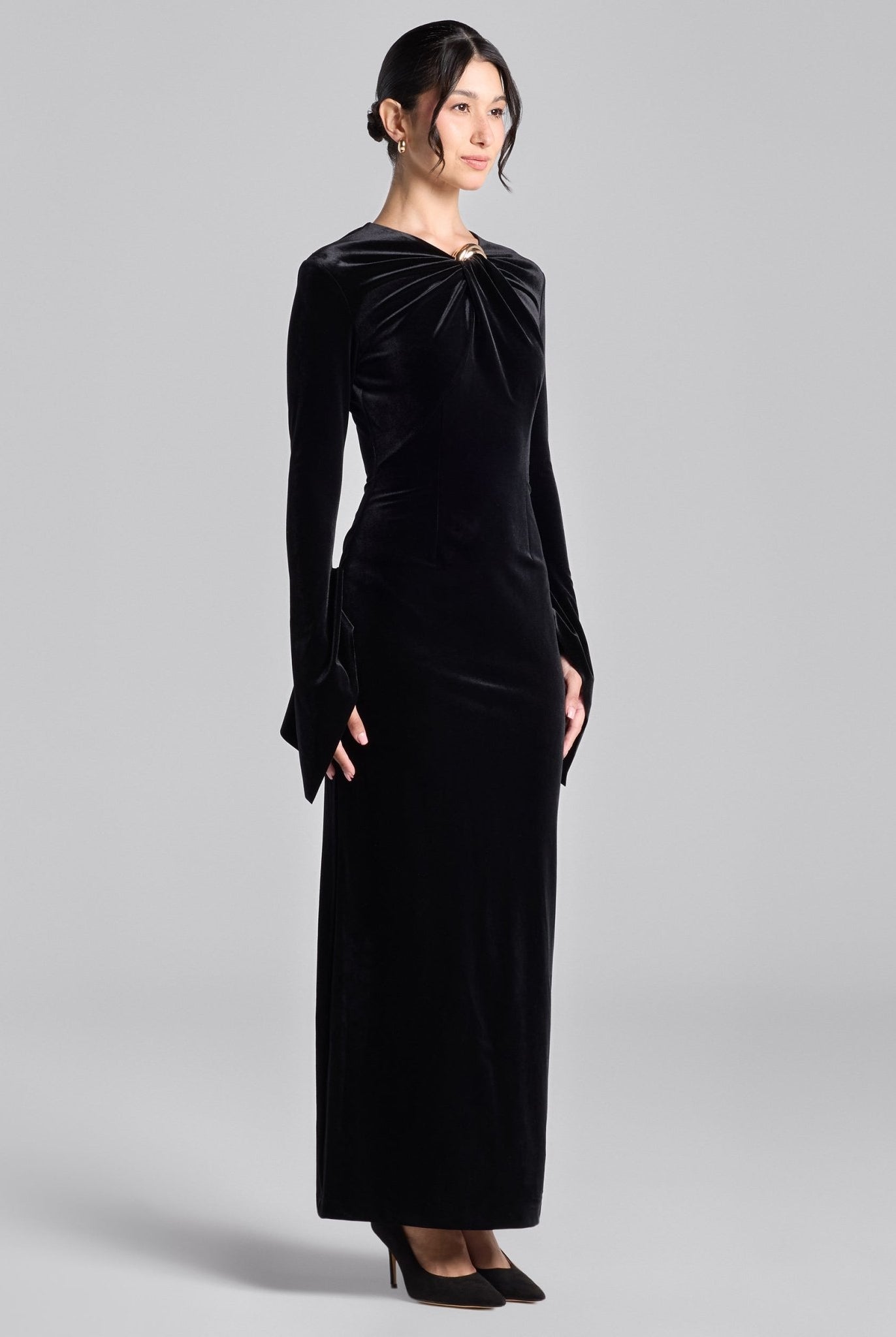 Black Velvet Front Ring Drape Maxi Dress - shopaleena