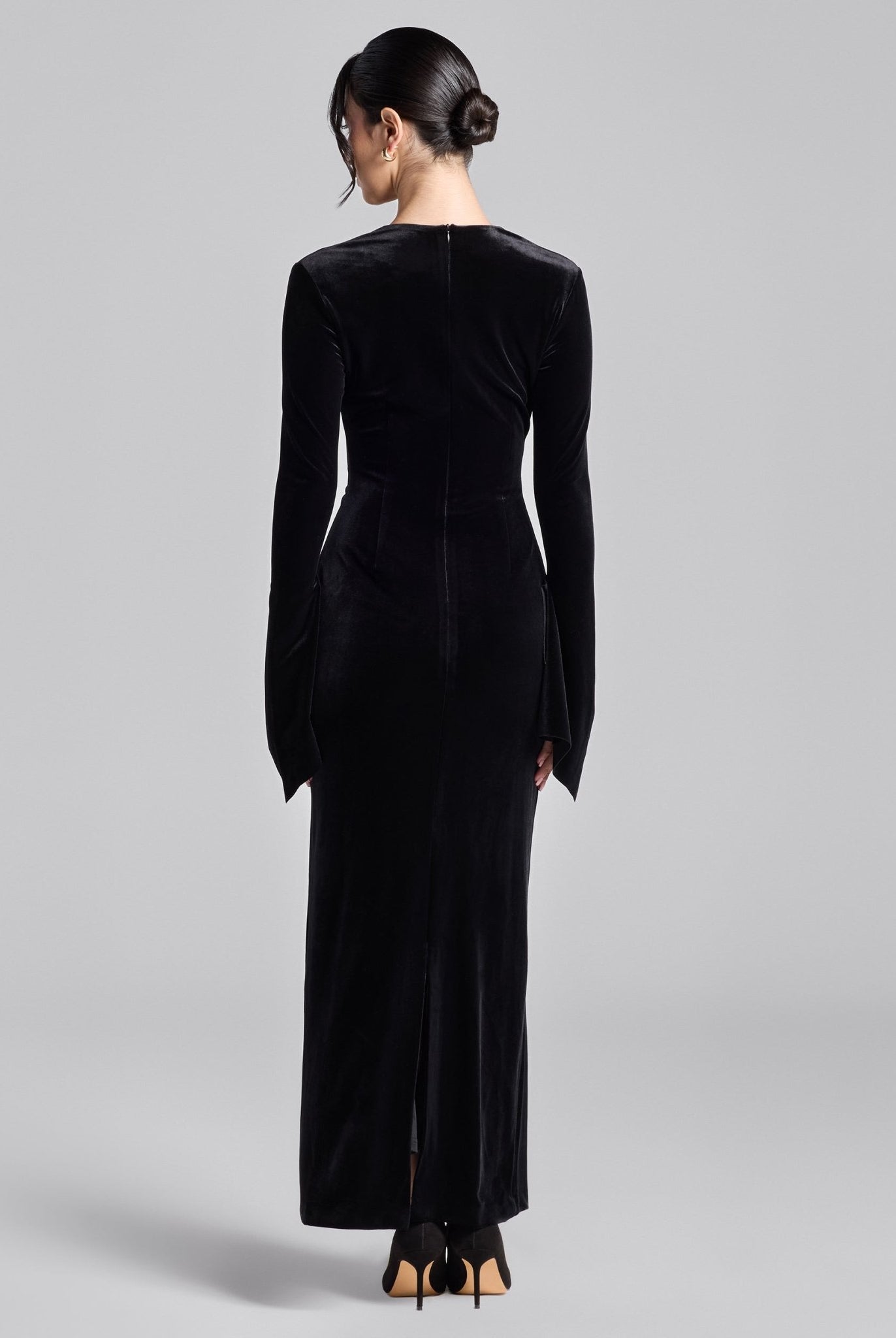 Black Velvet Front Ring Drape Maxi Dress - shopaleena