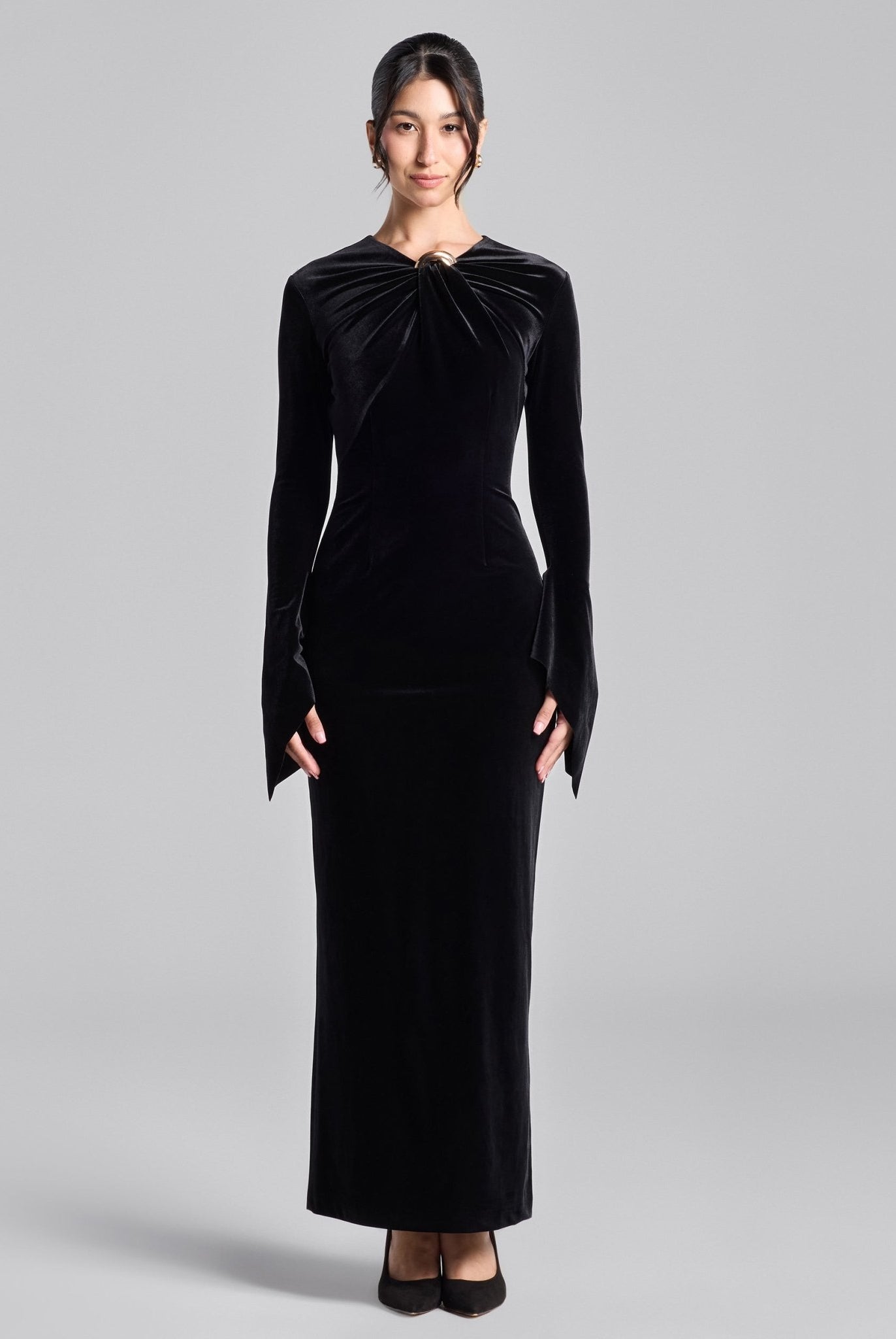 Black Velvet Front Ring Drape Maxi Dress - shopaleena