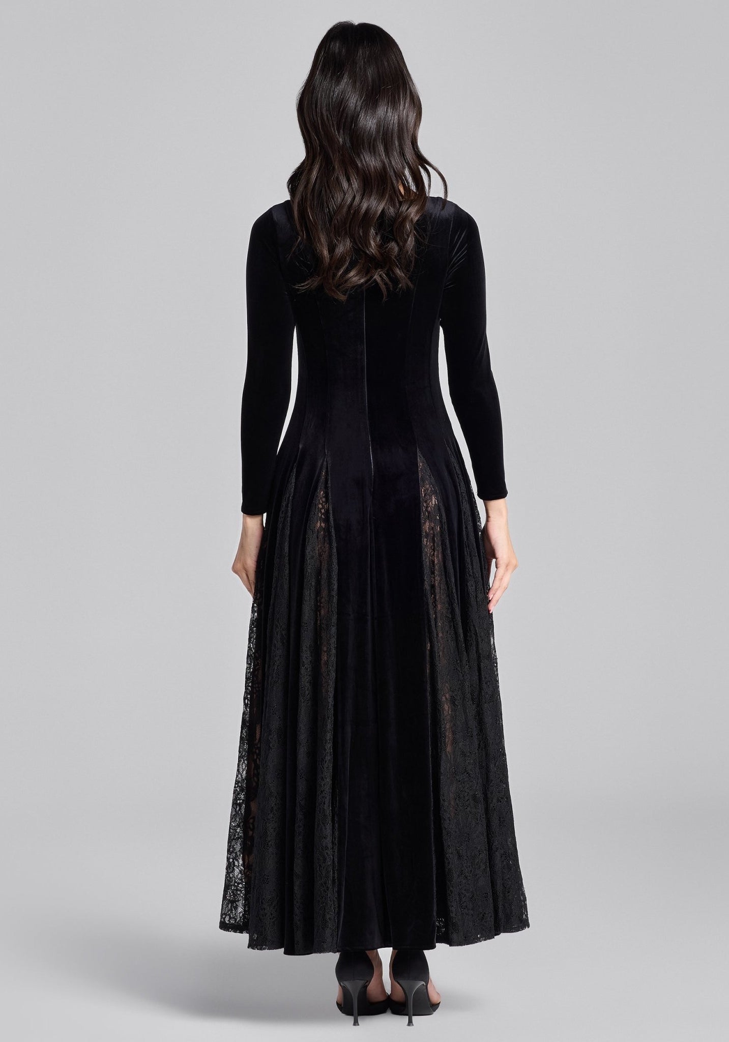 Black Velvet Maxi Dress with Lace Godets - shopaleena