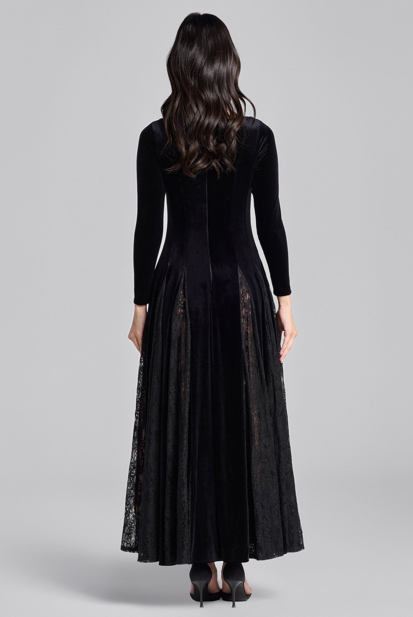 Black Velvet Maxi Dress with Lace Godets - shopaleena
